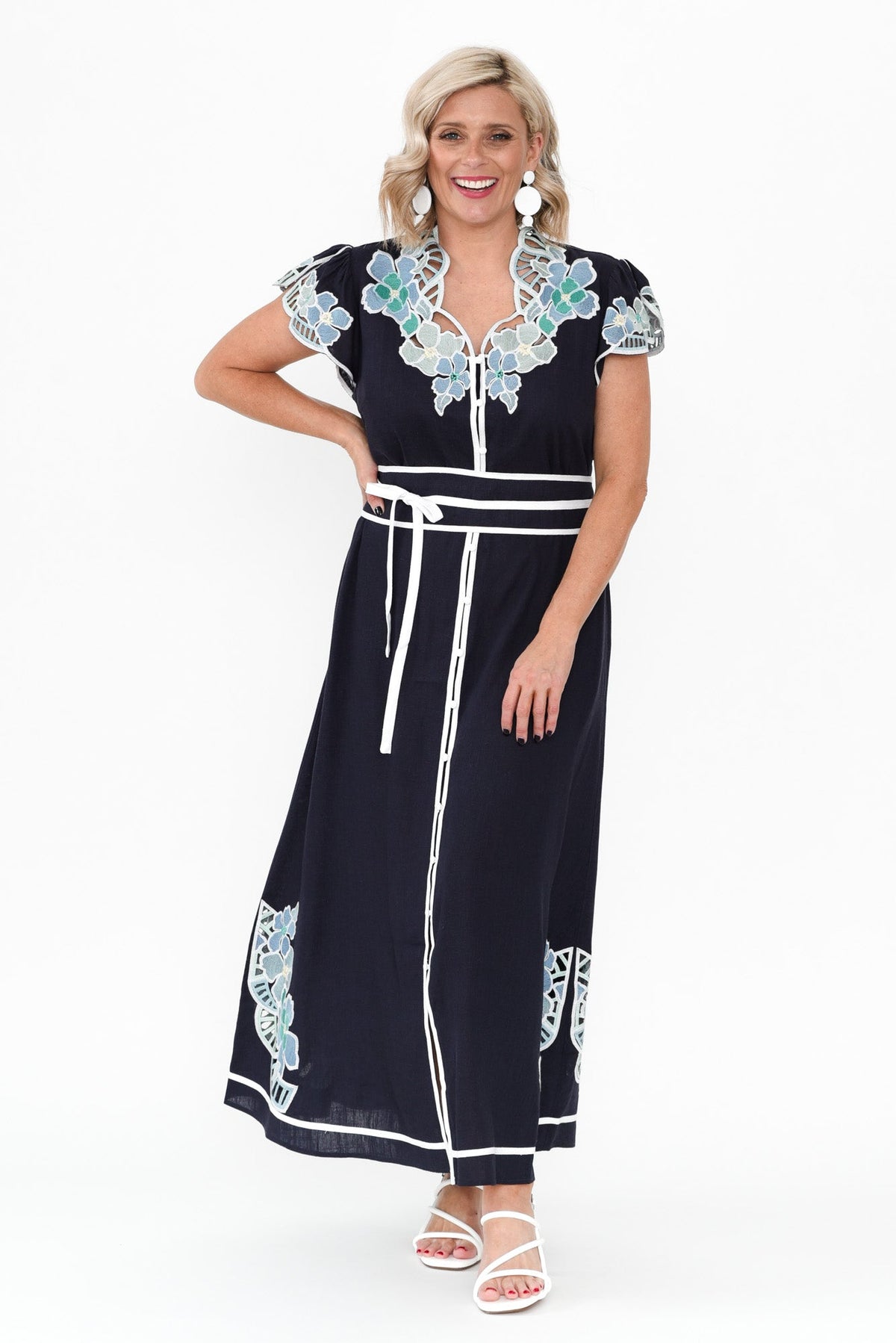 Delray Navy Lapis Embroidered Dress Back View 2