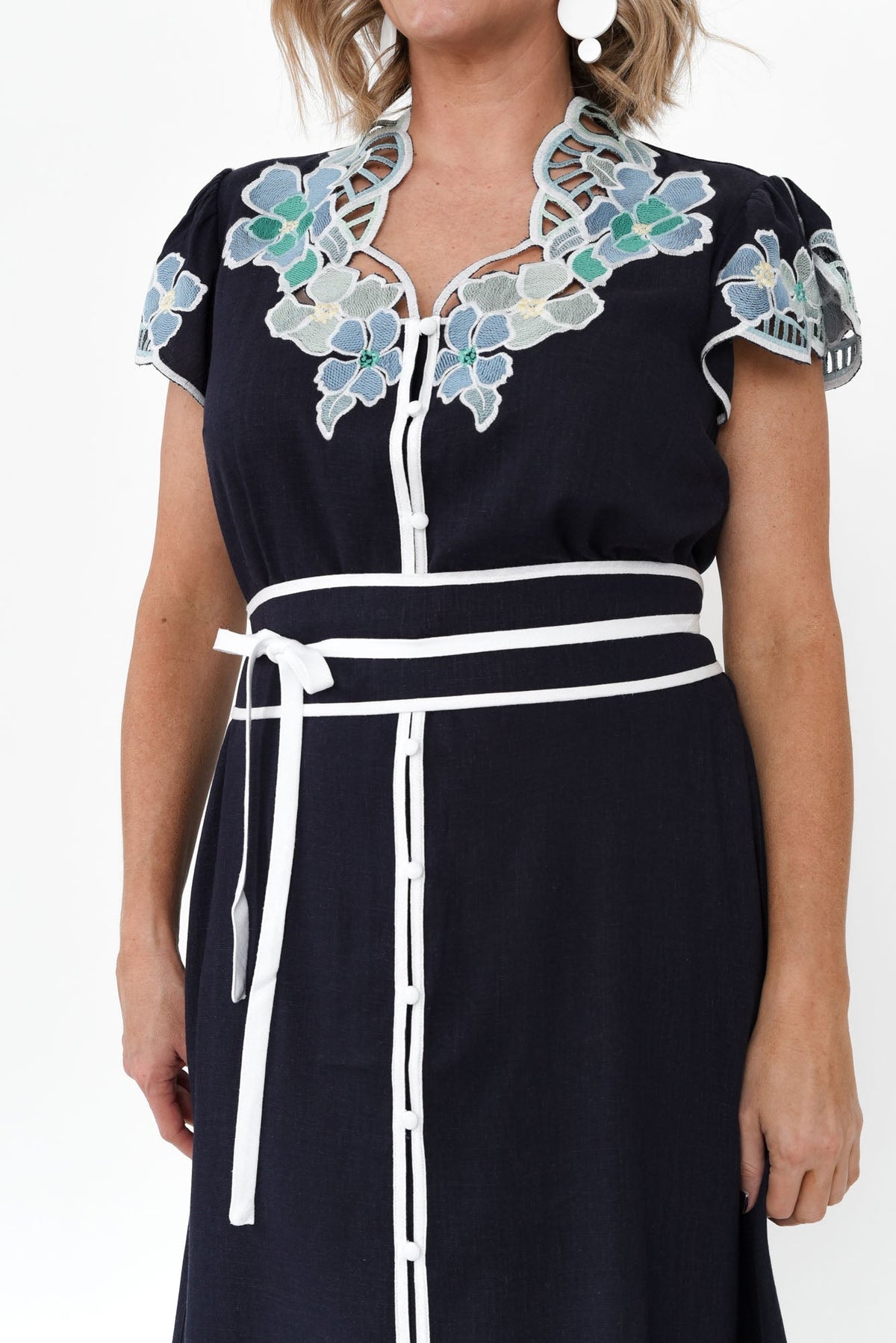 Delray Navy Lapis Embroidered Dress Full Length View
