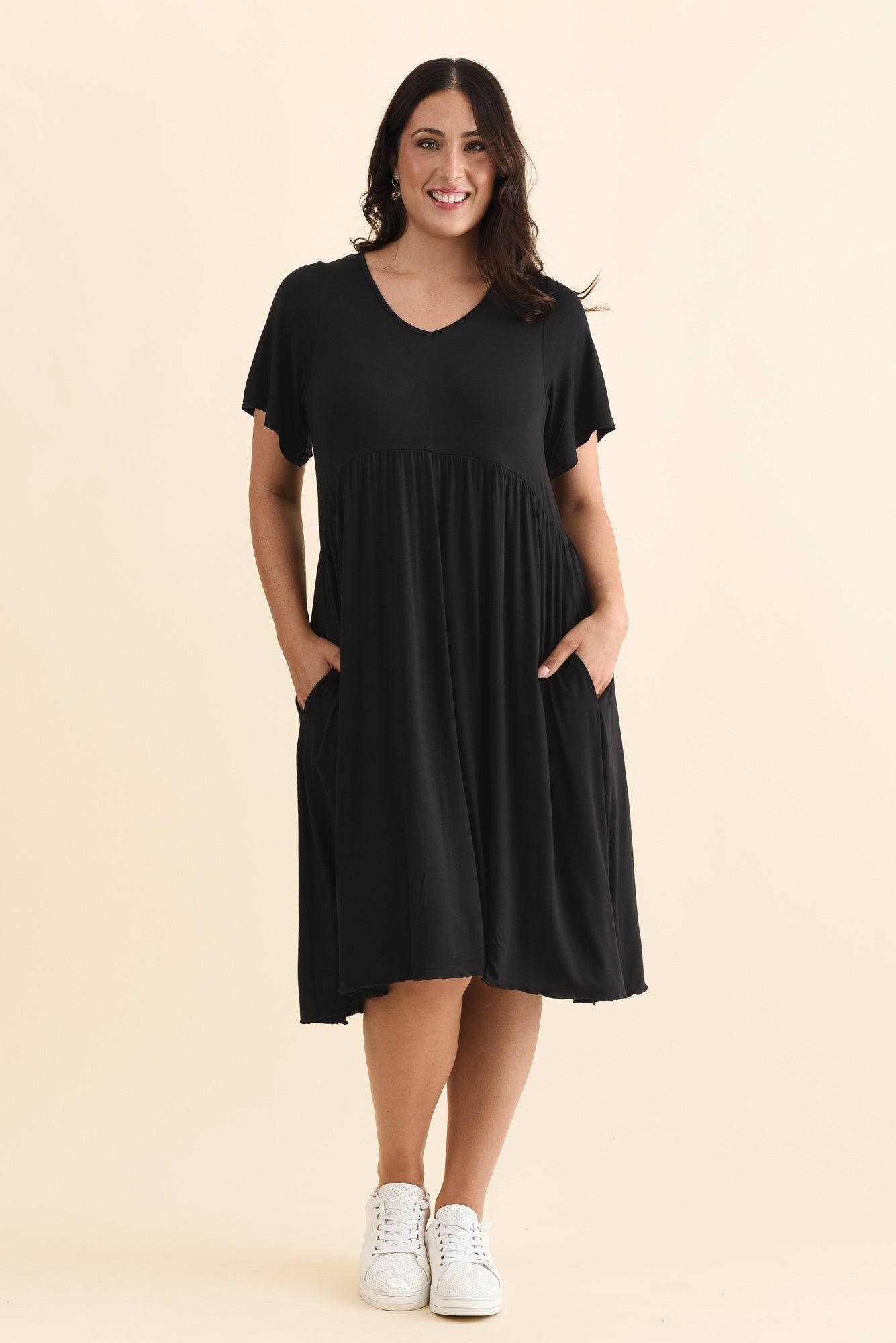 Donna Black Gathered Dress Side View 2