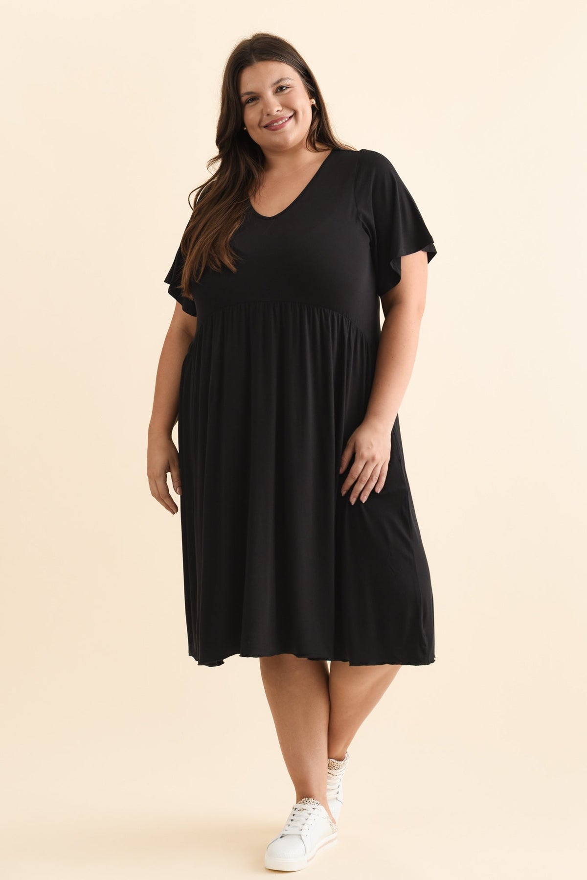 Donna Black Gathered Dress Front View 3