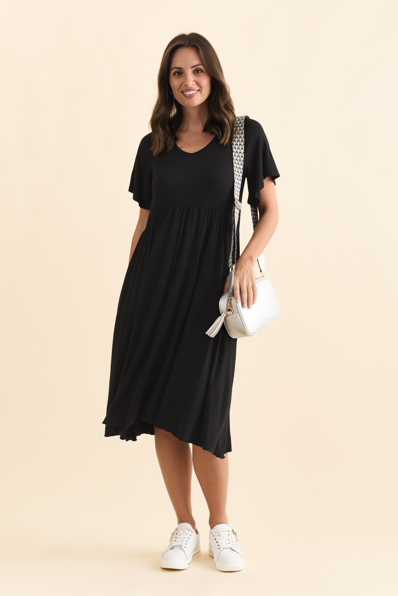 Donna Black Gathered Dress Front View 2