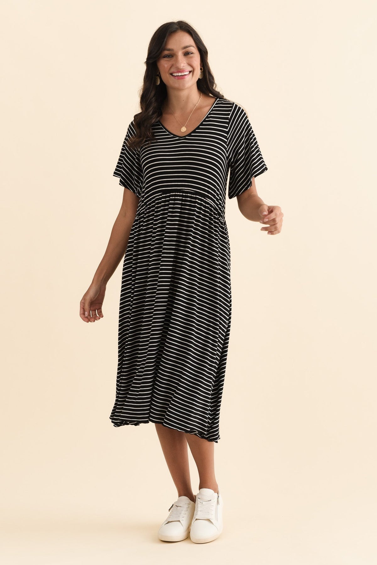 Donna Black Stripe Gathered Dress Front View