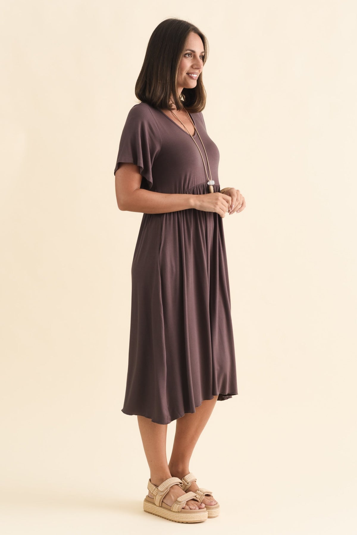Donna Brown Gathered Dress Back View