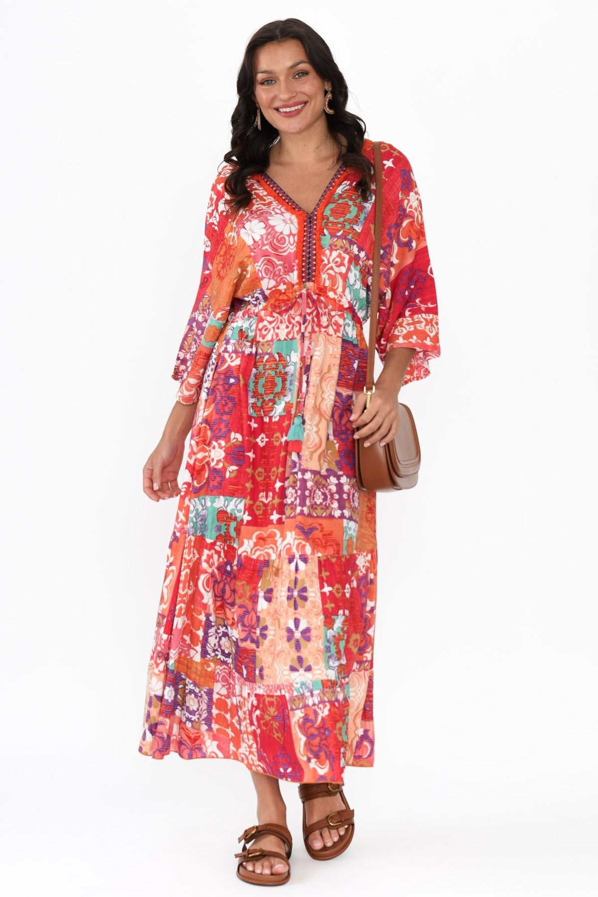 Dorothy Red Mosaic V Neck Dress Front View 2