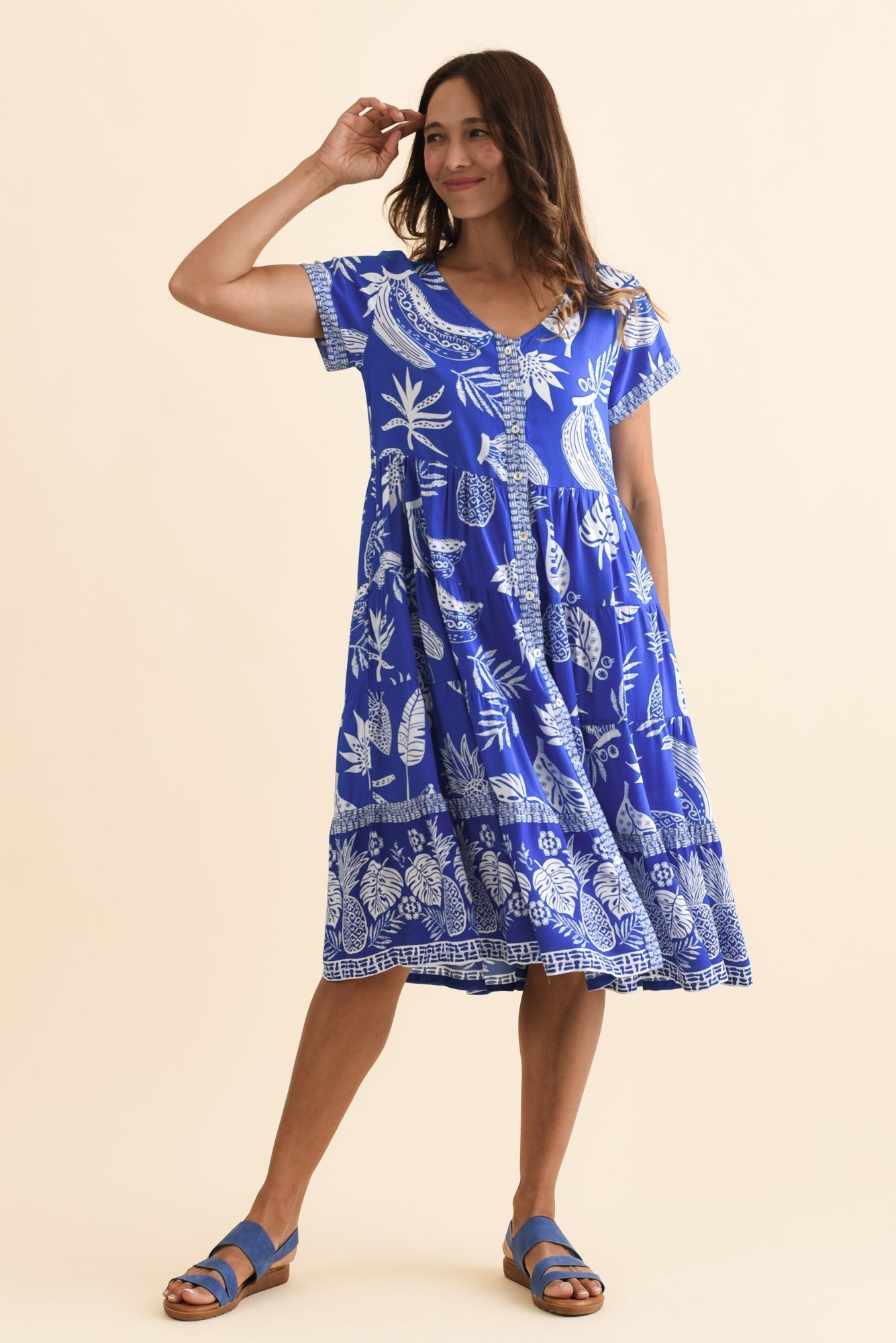 Emila Cobalt Tropical Button Dress Full Length View