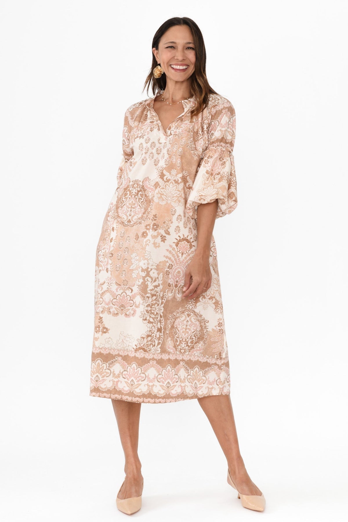 Erica Natural Abstract Cotton Tie Dress Full Length View