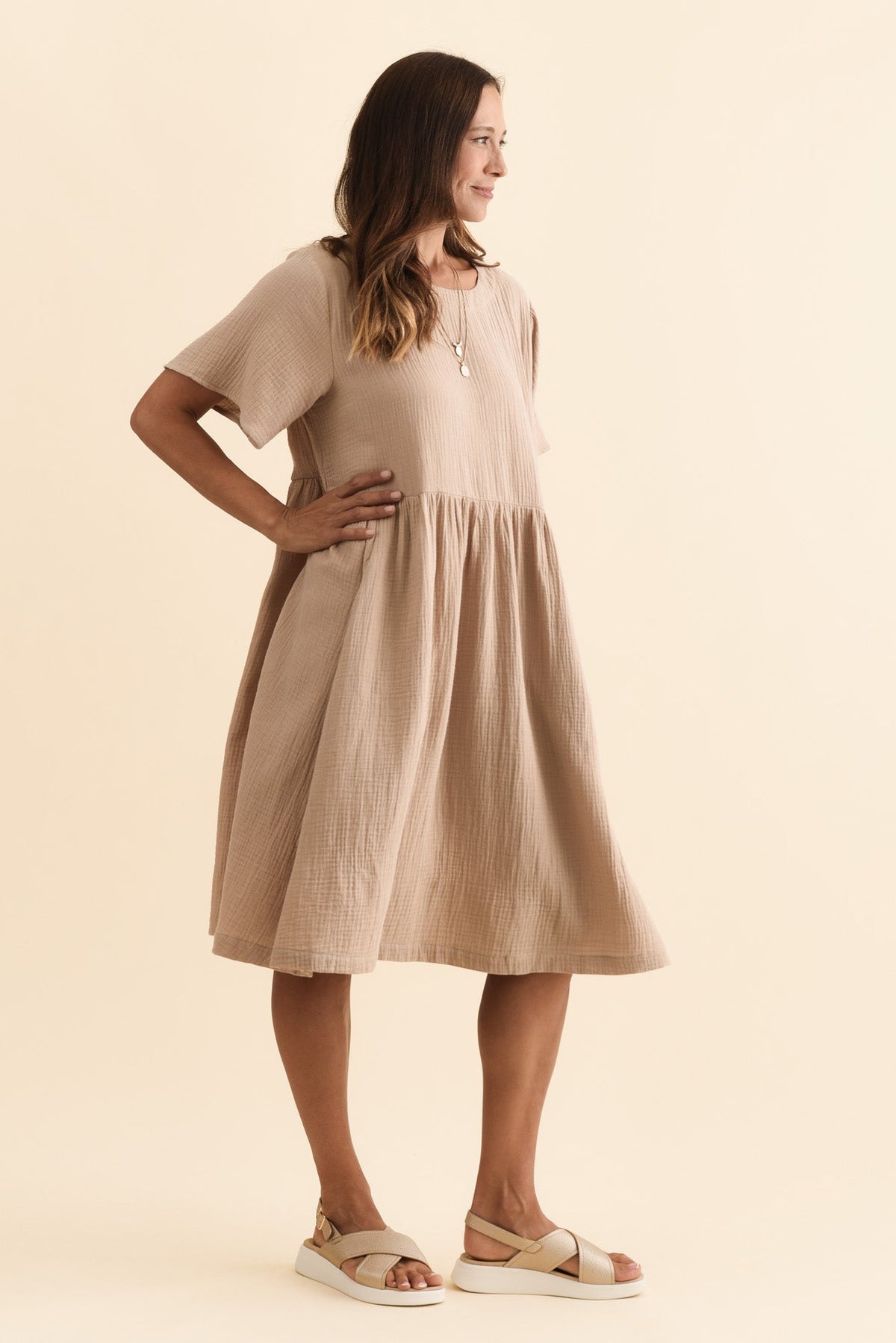 Cloud Gauze Beige Cotton Pocket Dress Side View
