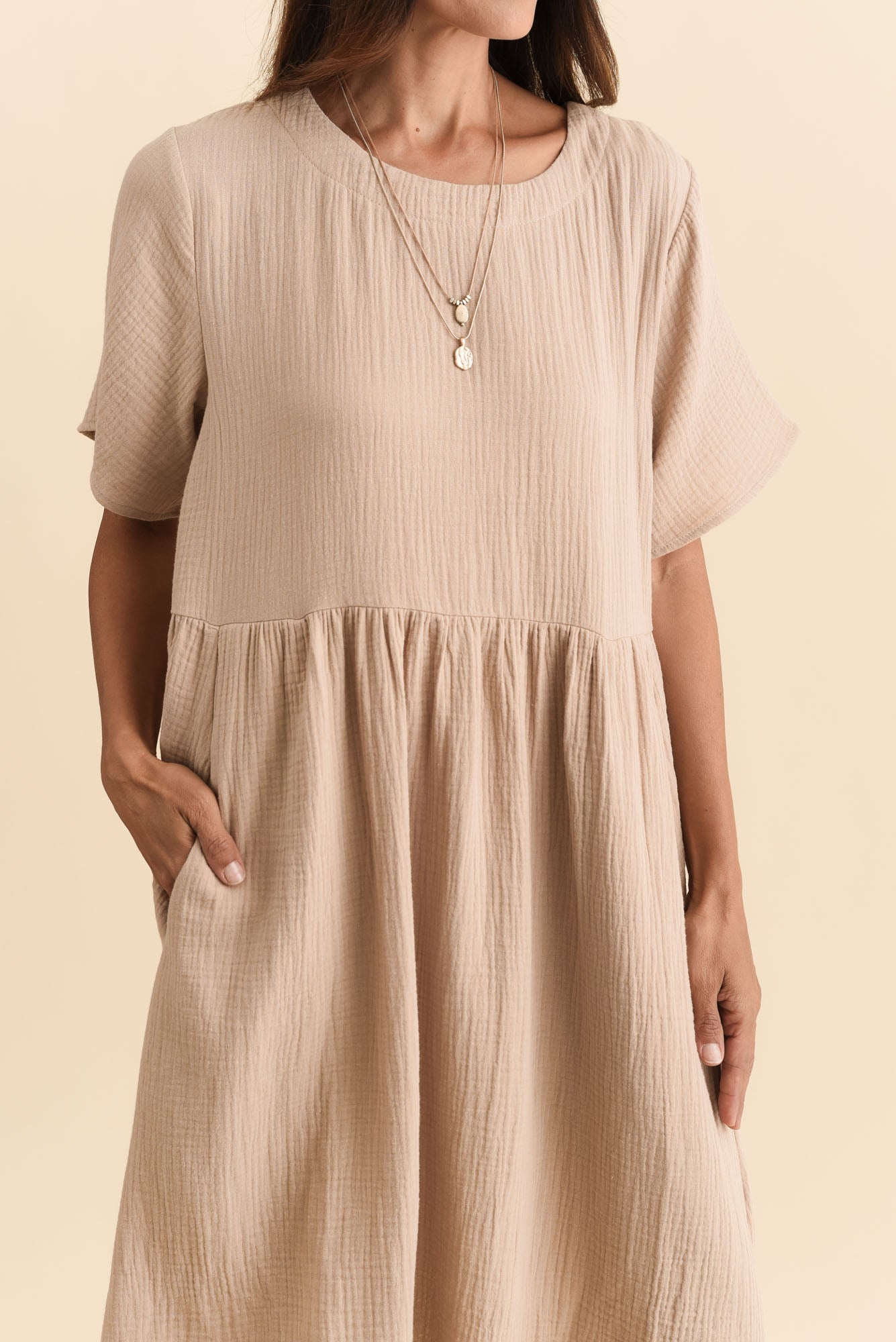 Cloud Gauze Beige Cotton Pocket Dress Full Length View