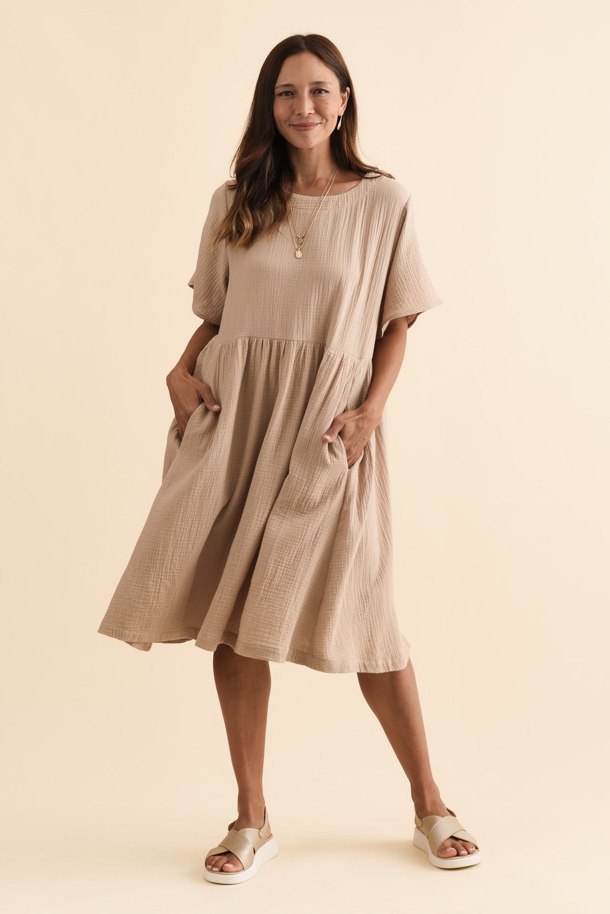 Cloud Gauze Beige Cotton Pocket Dress Back View