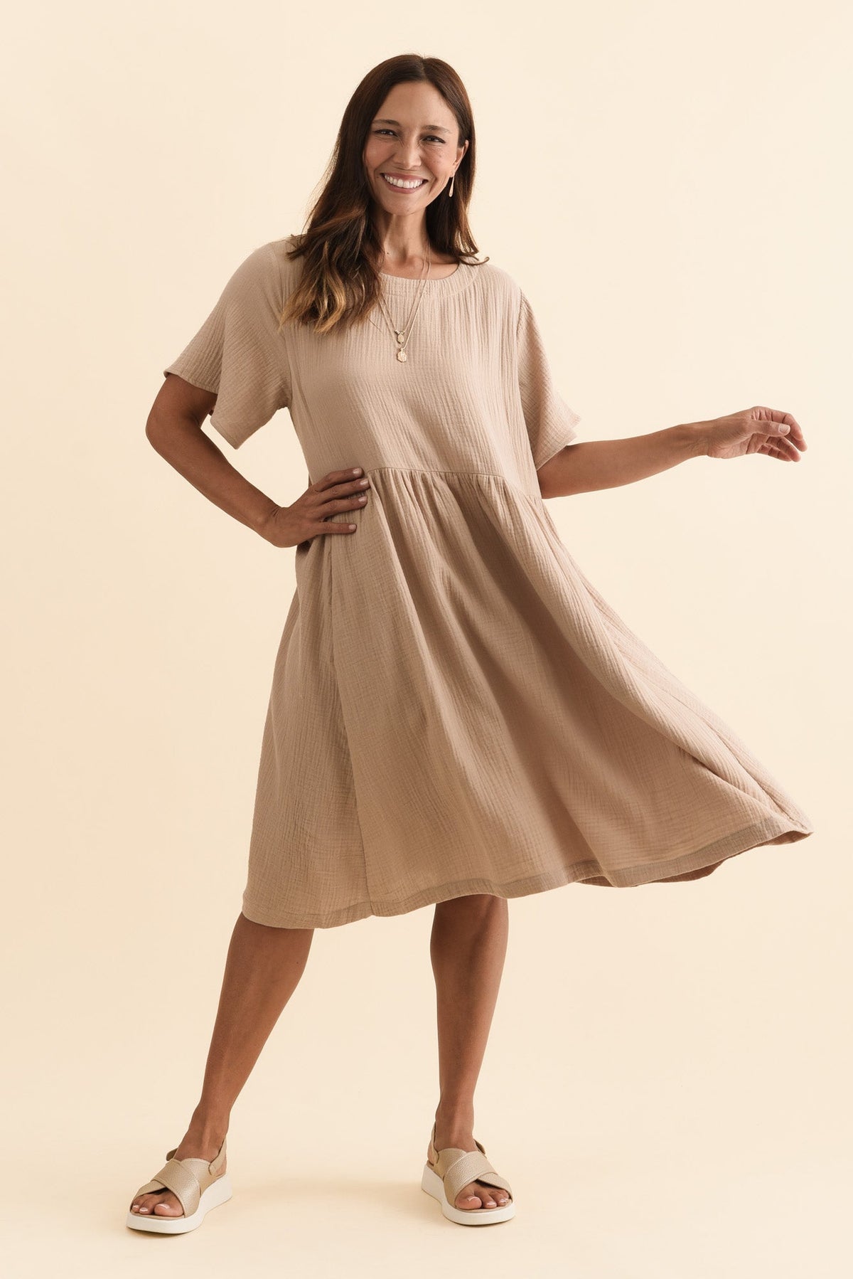 Cloud Gauze Beige Cotton Pocket Dress Back View 2