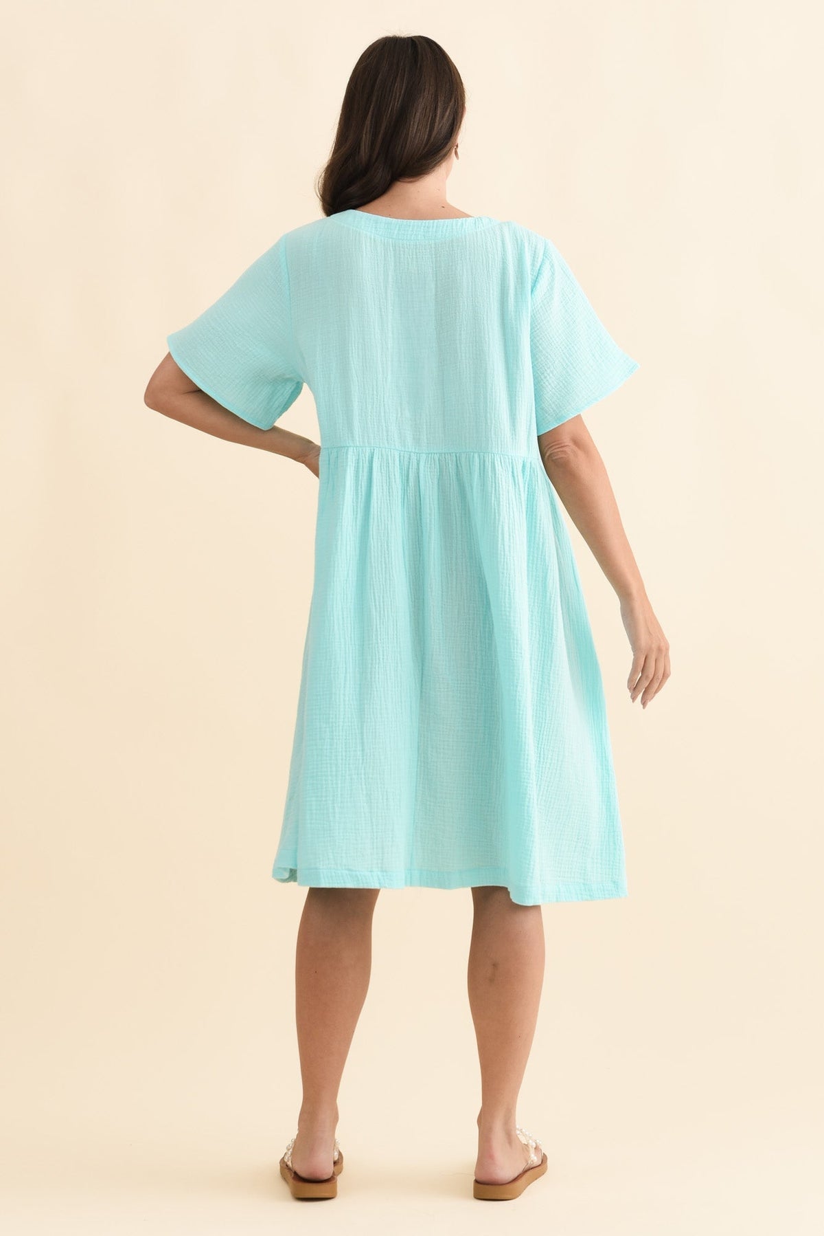 Cloud Gauze Light Blue Cotton Pocket Dress Detail View