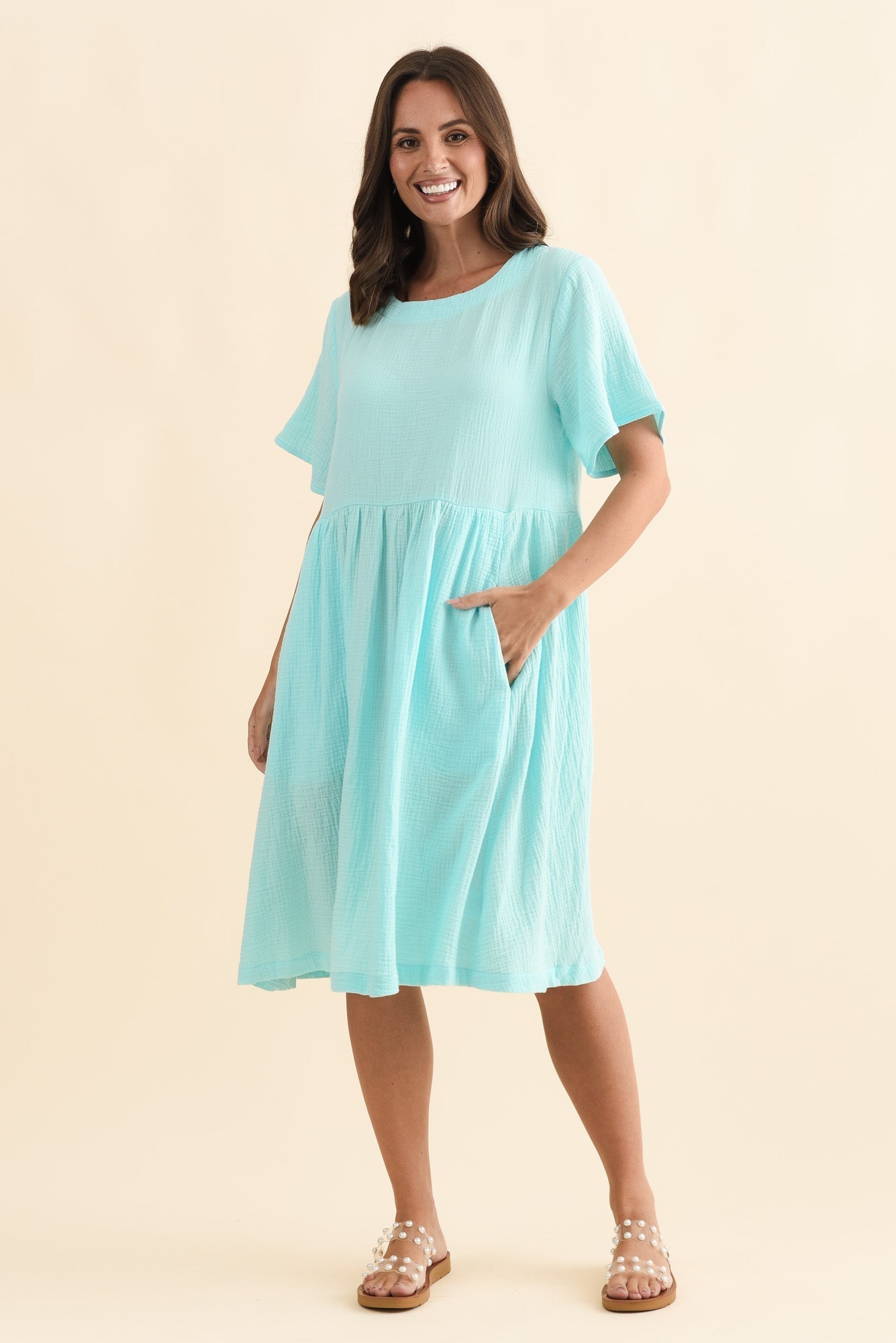Cloud Gauze Light Blue Cotton Pocket Dress Back View 2