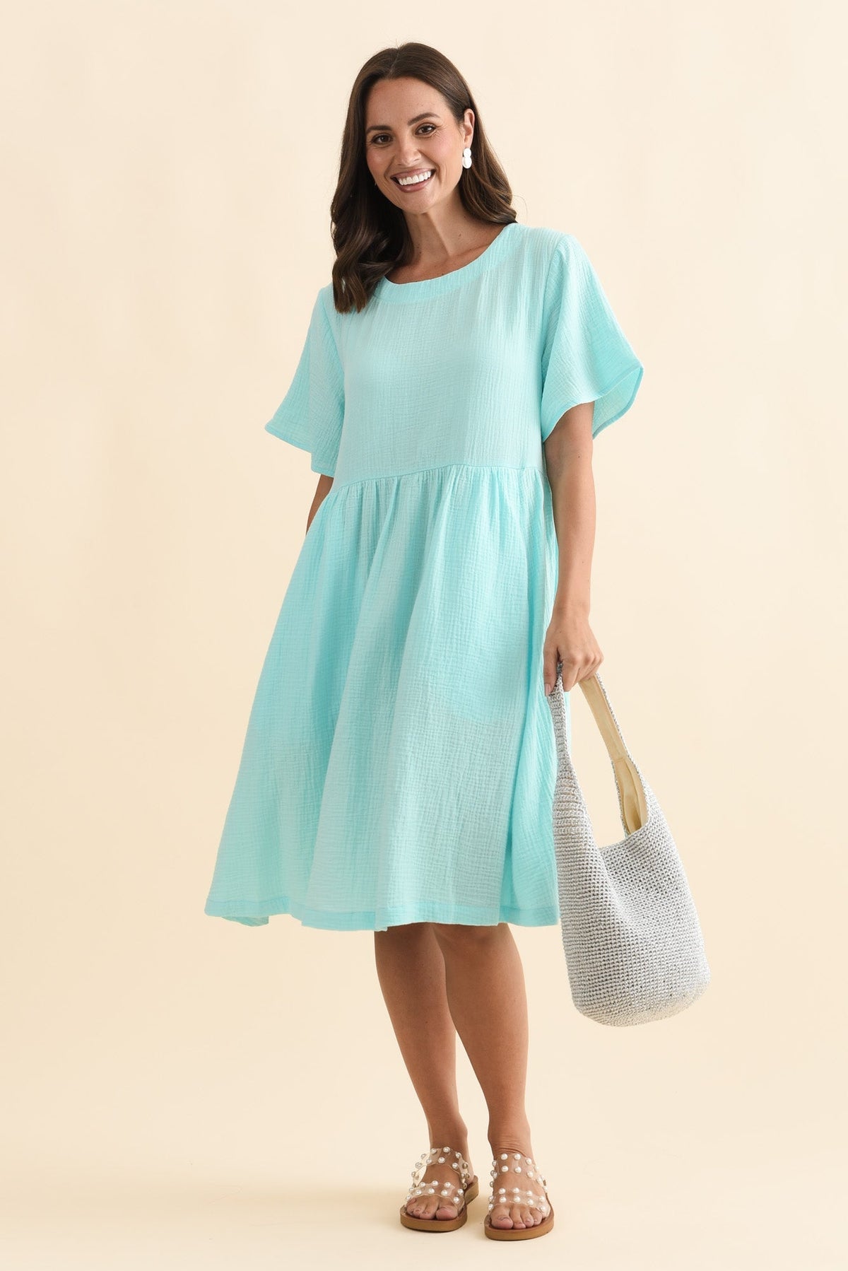 Cloud Gauze Light Blue Cotton Pocket Dress Front View