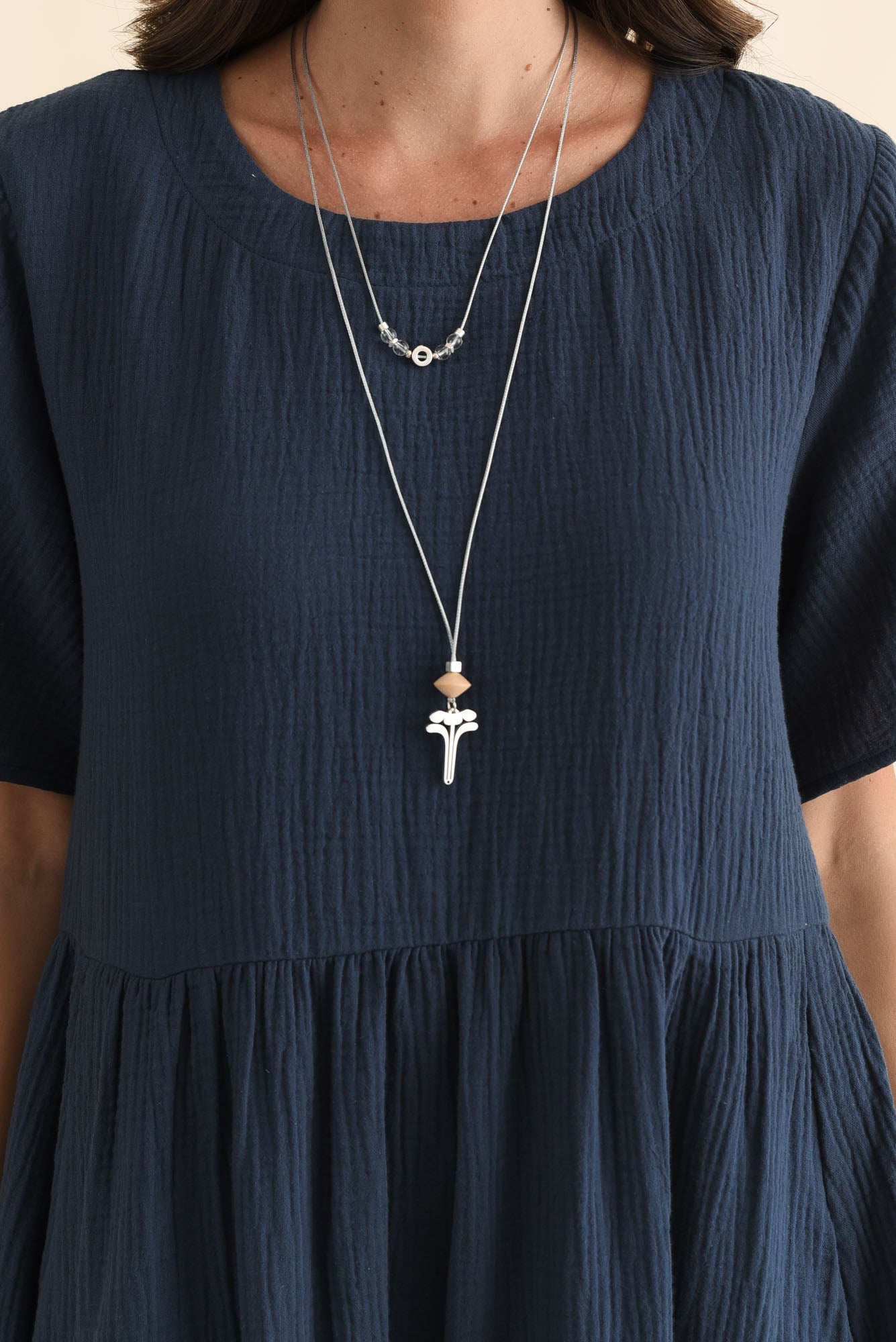 Cloud Gauze Navy Cotton Pocket Dress Full Length View
