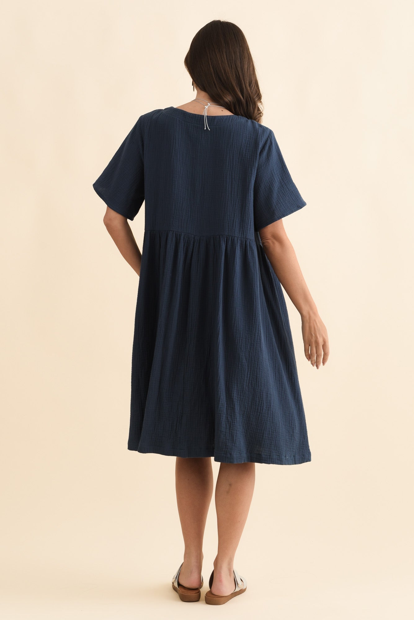 Cloud Gauze Navy Cotton Pocket Dress Detail View