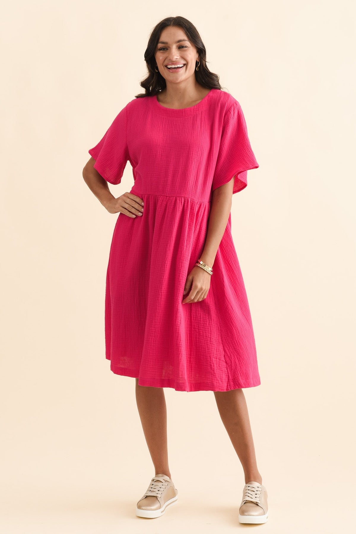 Cloud Gauze Pink Cotton Pocket Dress Front View 2