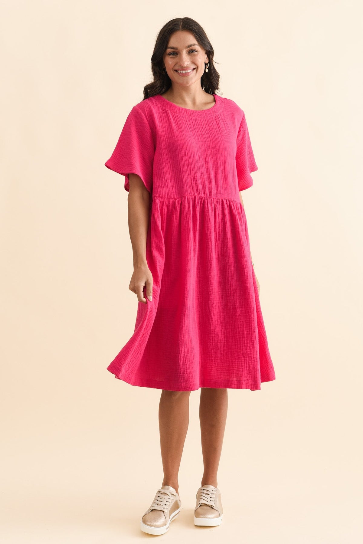 Cloud Gauze Pink Cotton Pocket Dress Full Length View