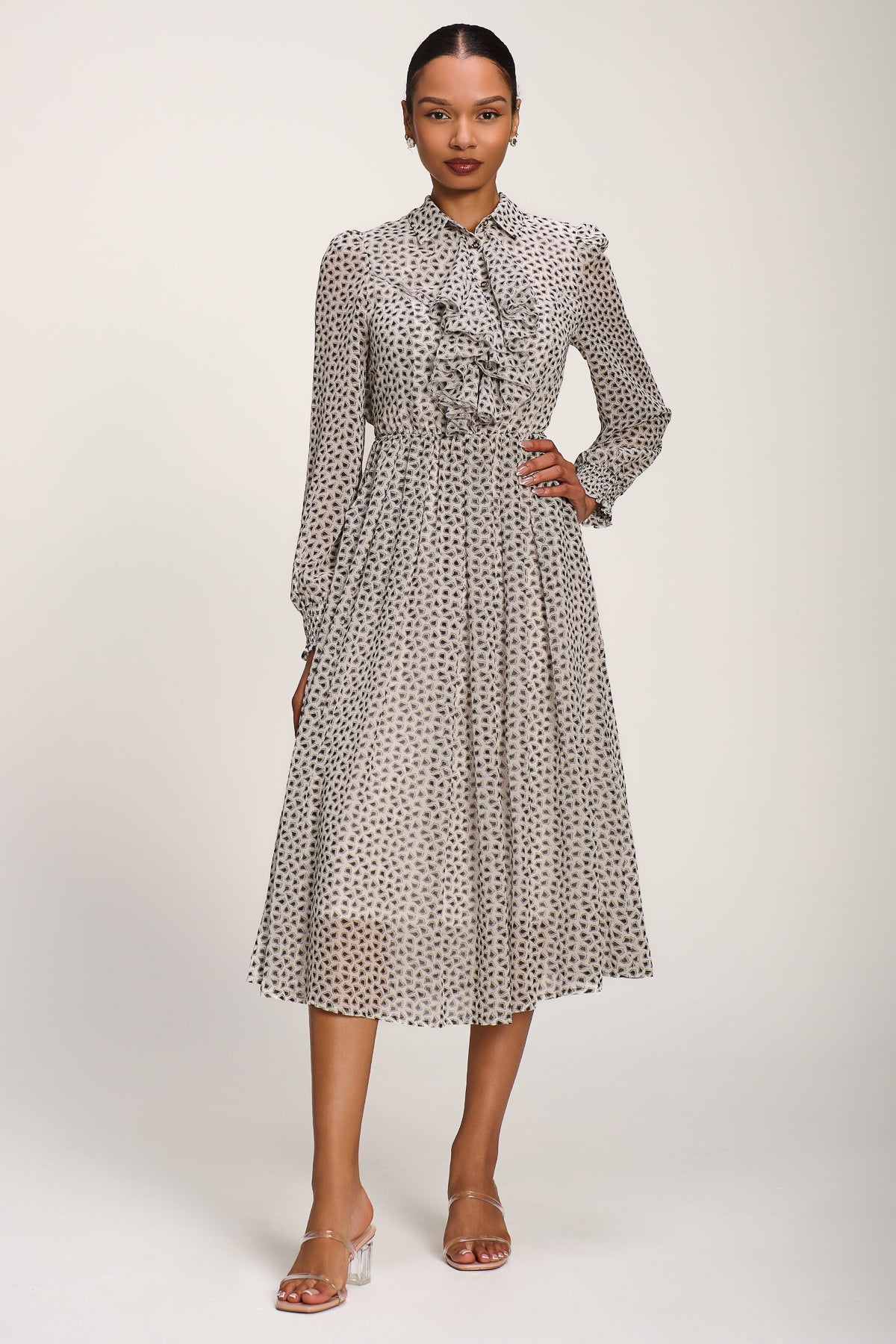 Chiffon Ruffle Long Sleeve Shirt Dress Styled View