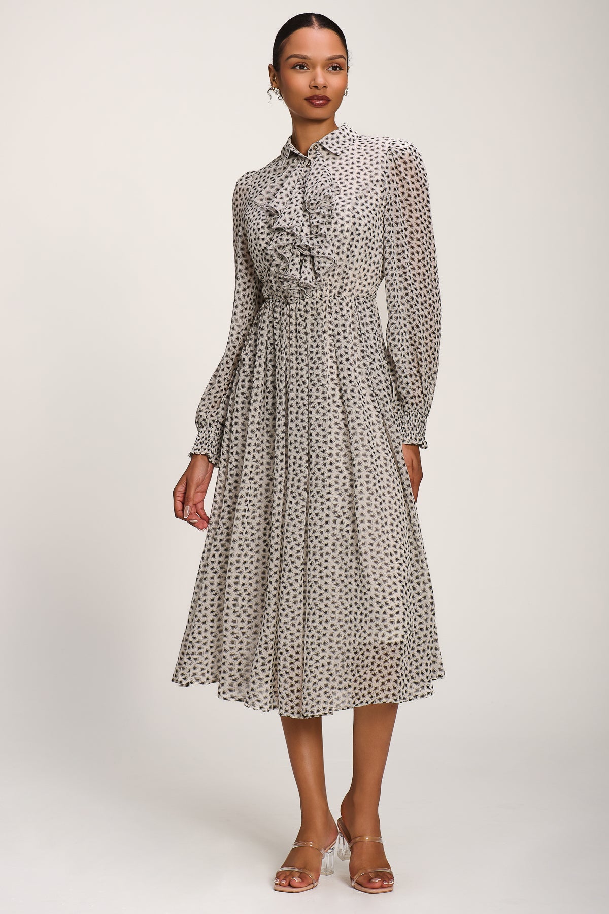 Chiffon Ruffle Long Sleeve Shirt Dress Full Length View