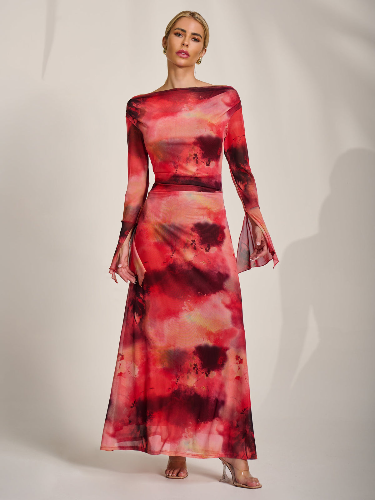 Long Sleeve Slash Neck Mesh Maxi Dress Full Length View