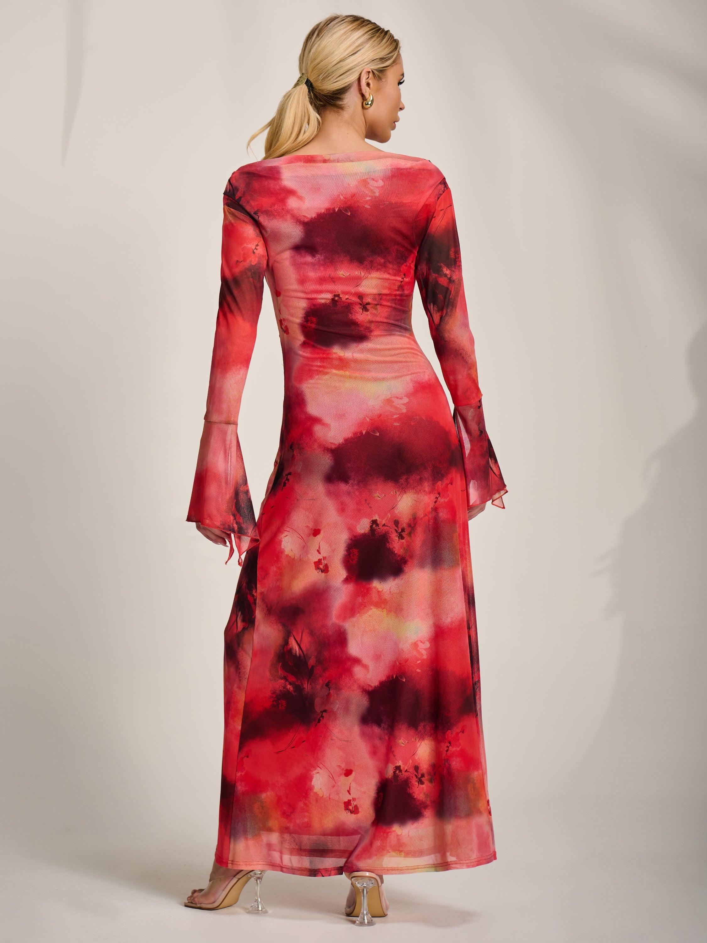 Long Sleeve Slash Neck Mesh Maxi Dress Styled View