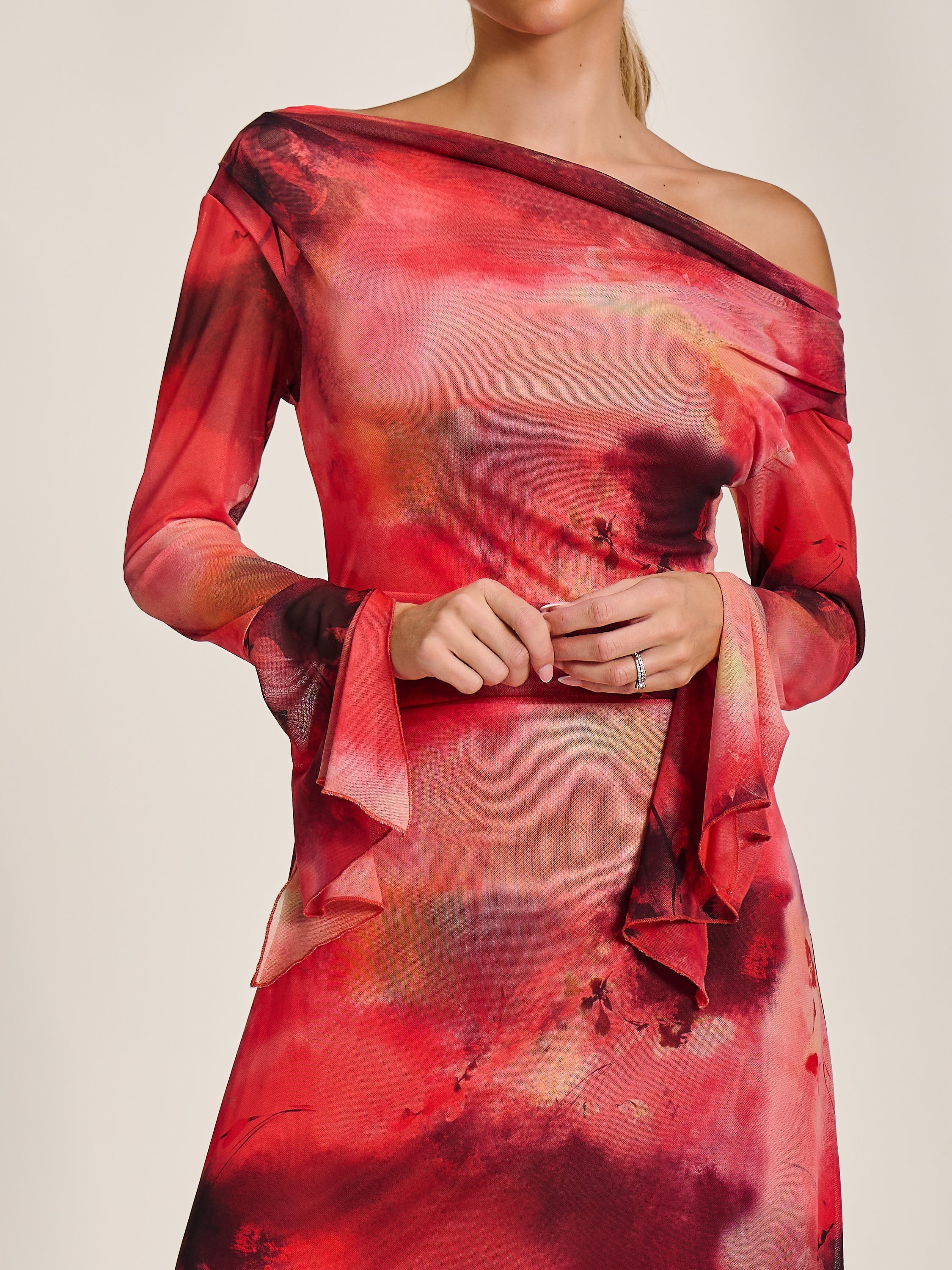 Long Sleeve Slash Neck Mesh Maxi Dress Detail View