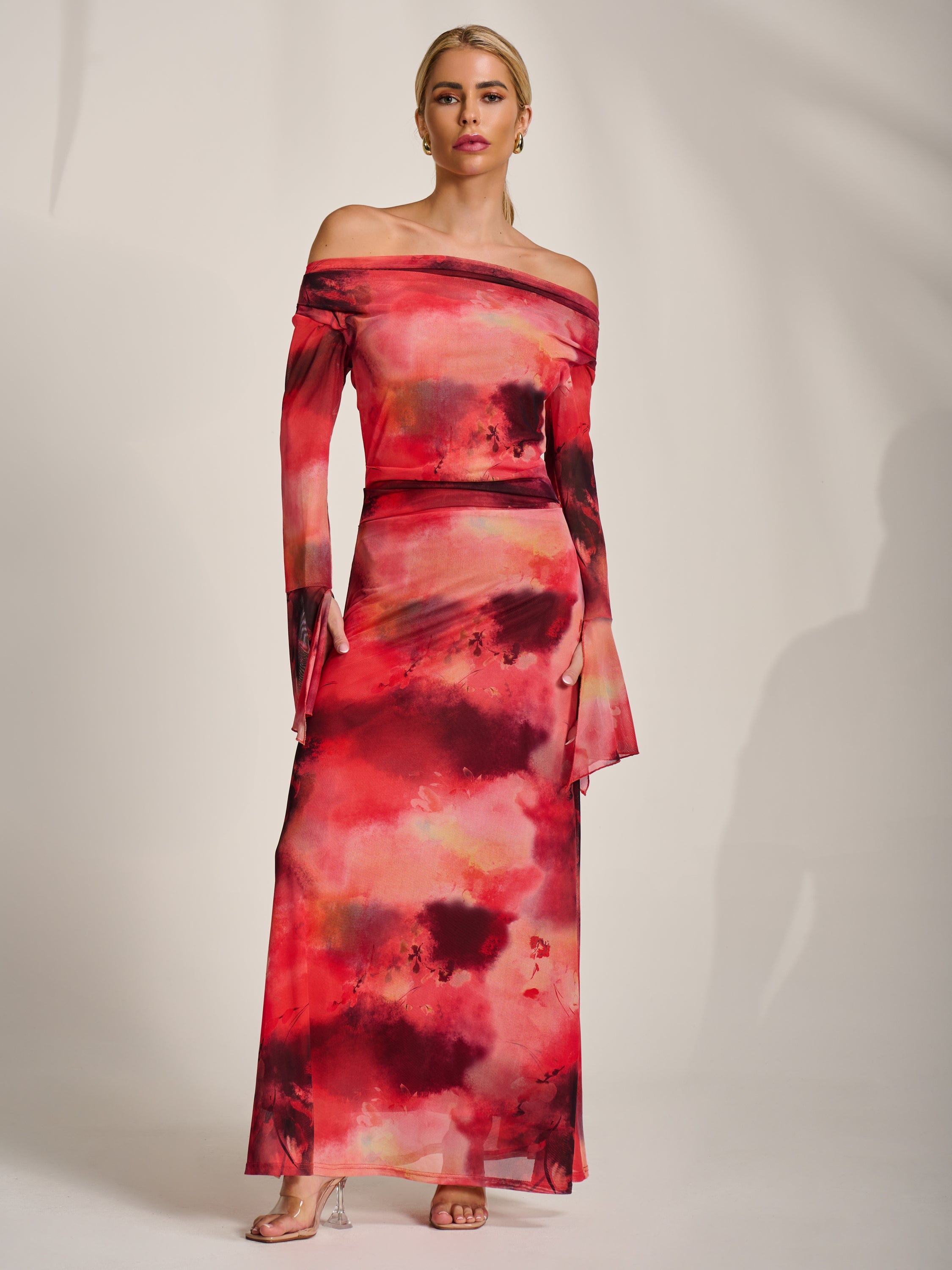 Long Sleeve Slash Neck Mesh Maxi Dress Front View 2