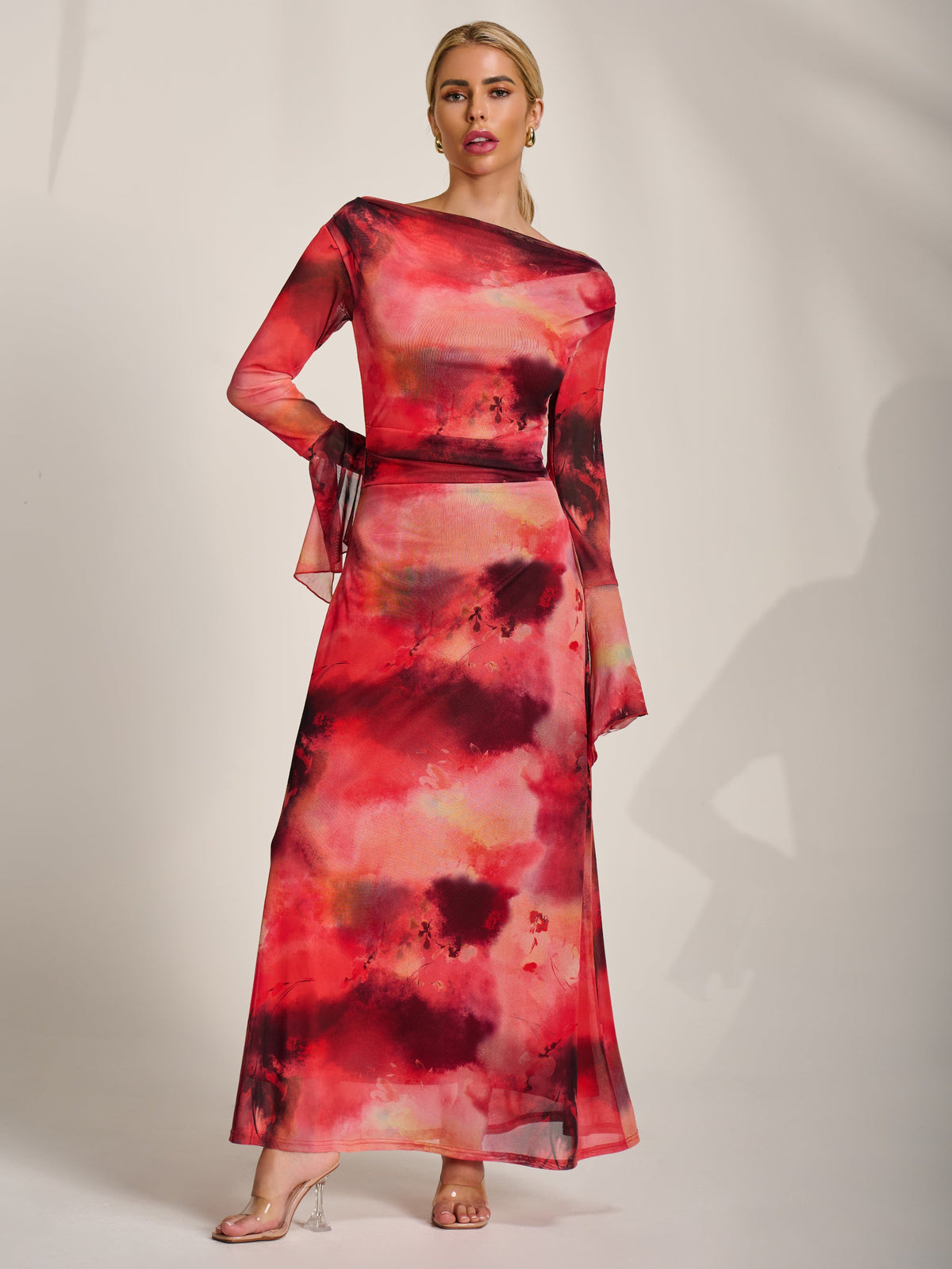 Long Sleeve Slash Neck Mesh Maxi Dress Side View