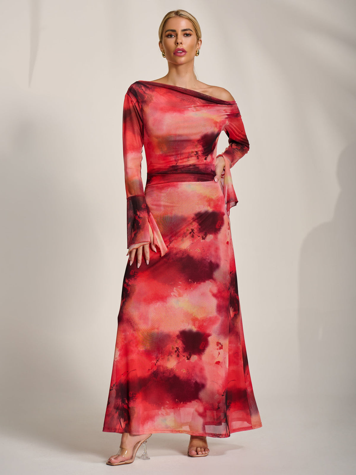 Long Sleeve Slash Neck Mesh Maxi Dress Back View