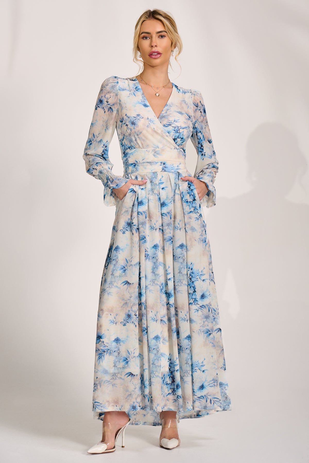 Long Sleeve V Neck Mesh Maxi Dress cream floral Front View
