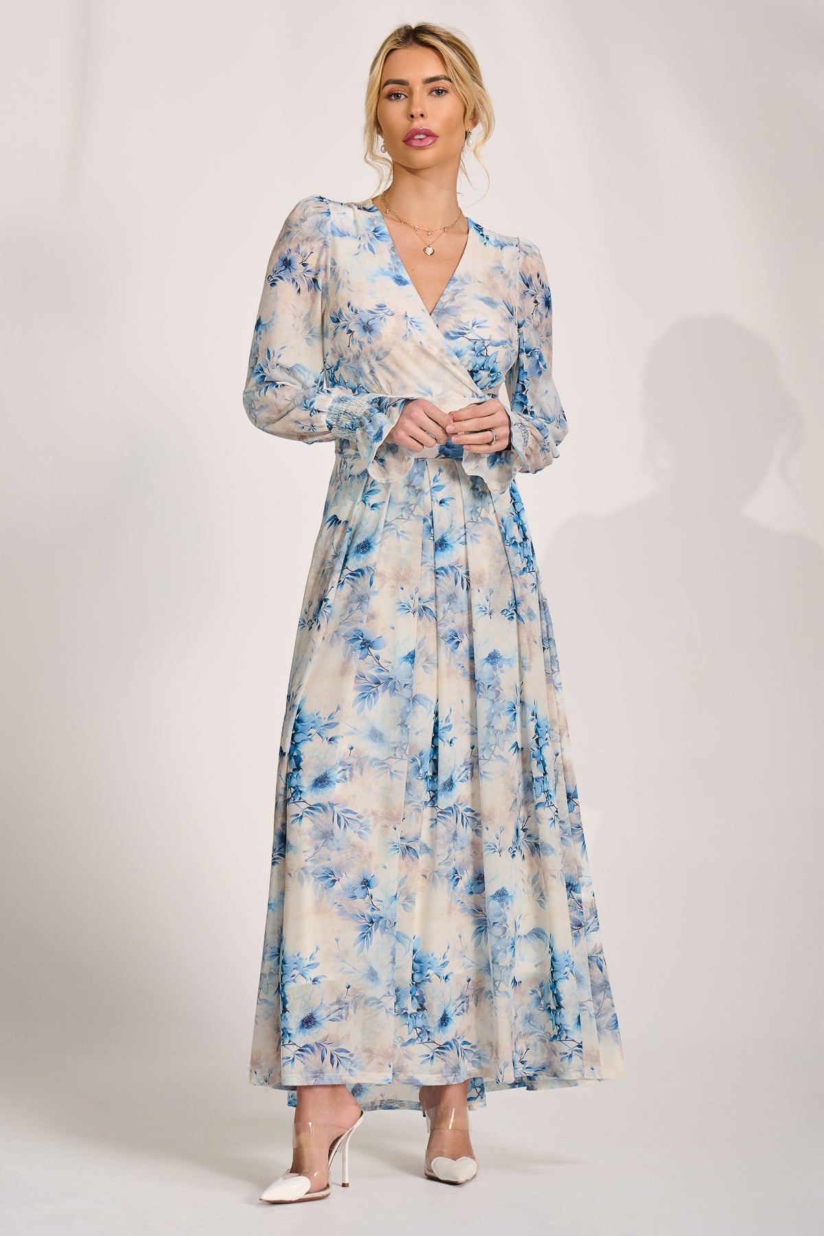 Long Sleeve V Neck Mesh Maxi Dress cream floral Full Length View