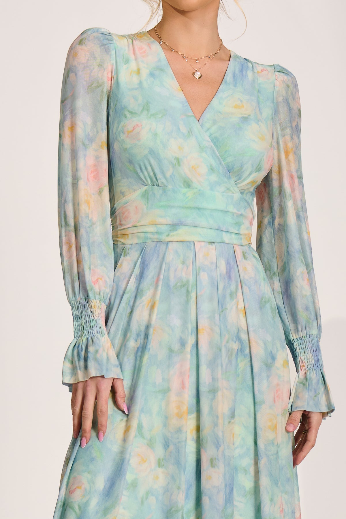 Long Sleeve V Neck Mesh Maxi Dress Green Abstract Side View