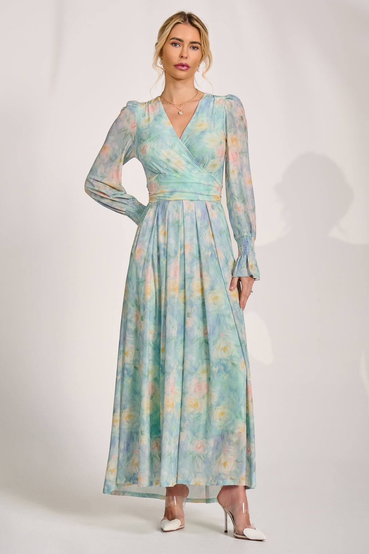 Long Sleeve V Neck Mesh Maxi Dress Green Abstract Full Length View