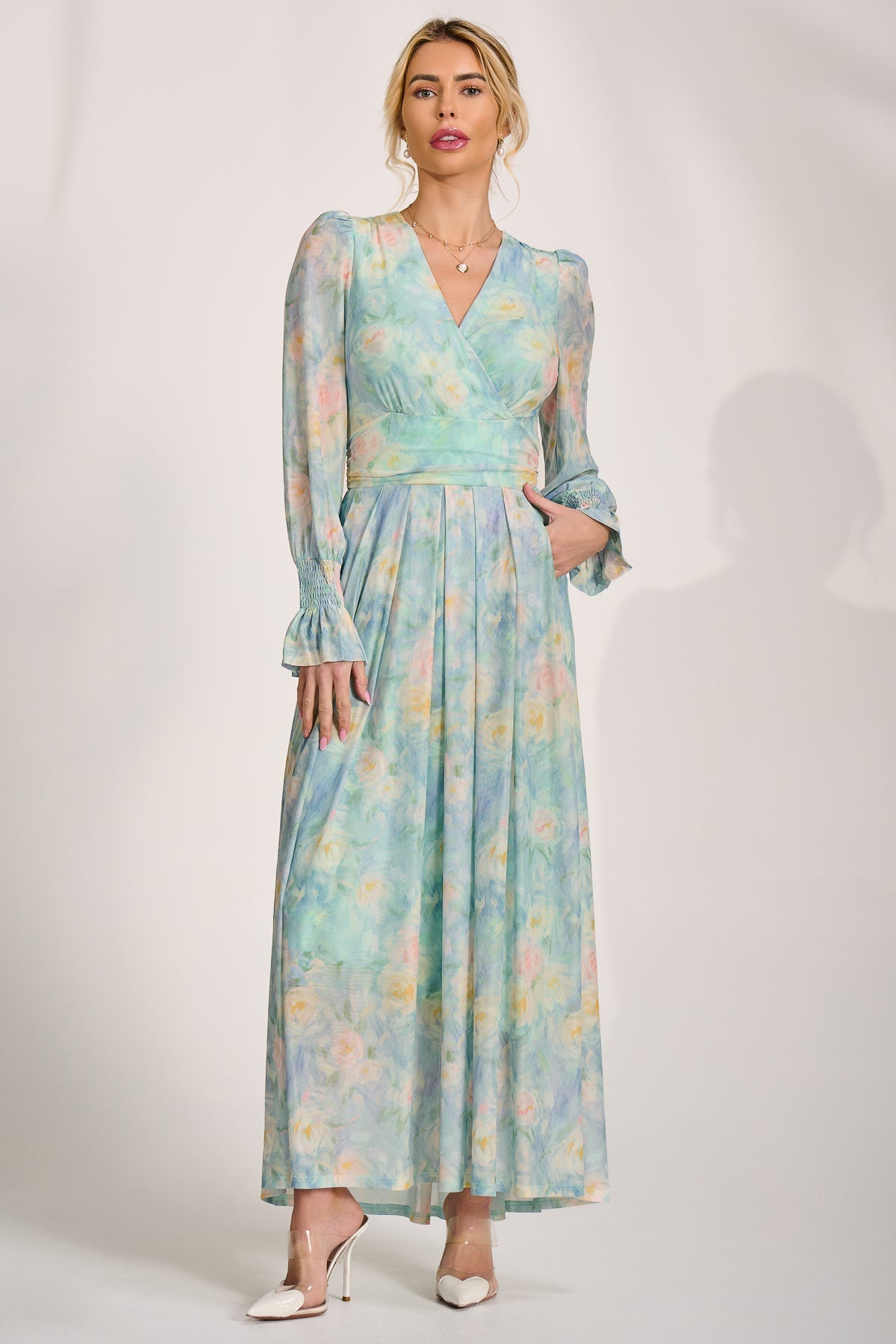 Long Sleeve V Neck Mesh Maxi Dress Green Abstract Styled View