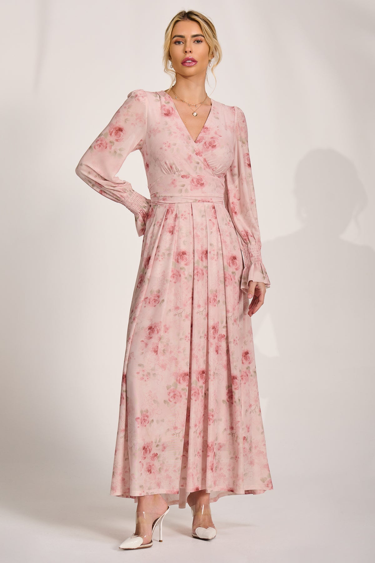 Long Sleeve V Neck Mesh Maxi Dress pink floral Front View