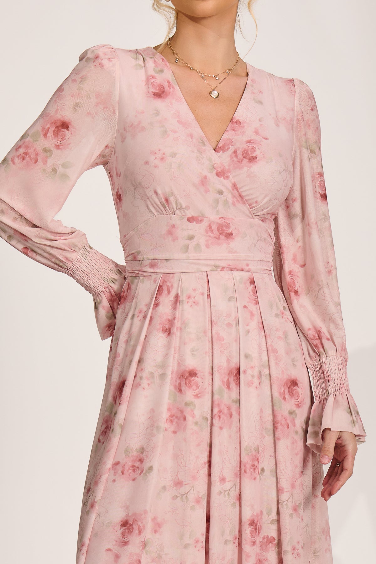 Long Sleeve V Neck Mesh Maxi Dress pink floral Side View