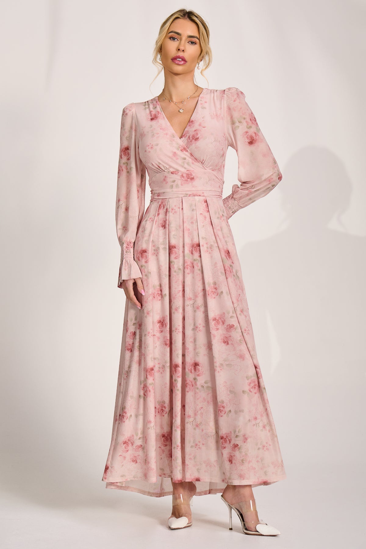 Long Sleeve V Neck Mesh Maxi Dress pink floral Detail View