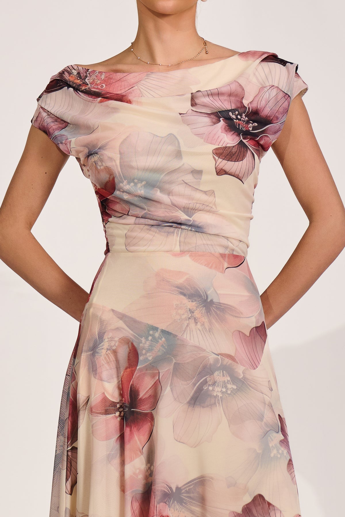 Asymmetrical Draped Mesh Maxi Dress Styled View