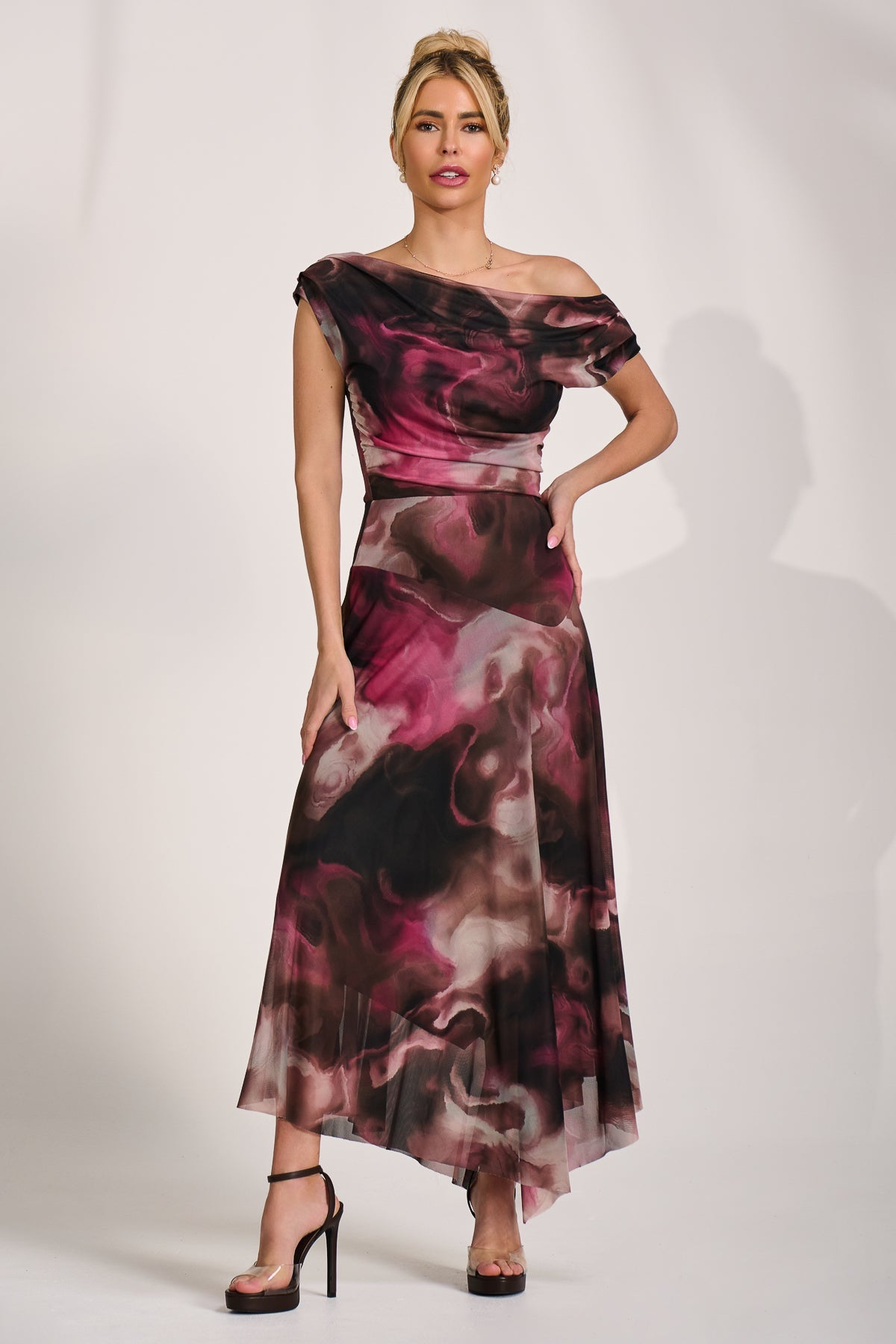 Asymmetrical Draped Mesh Maxi Dress Pink Abstract Front View