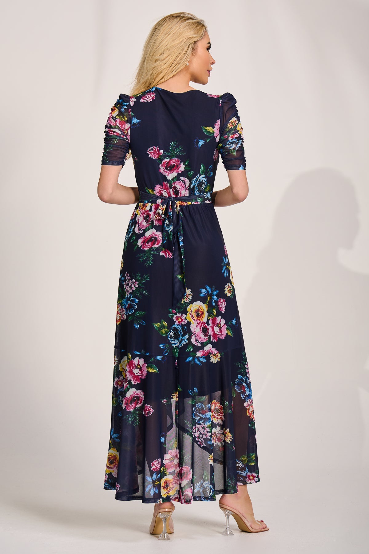 Ruched Sleeve Mesh Maxi Dress Navy Floral Back View