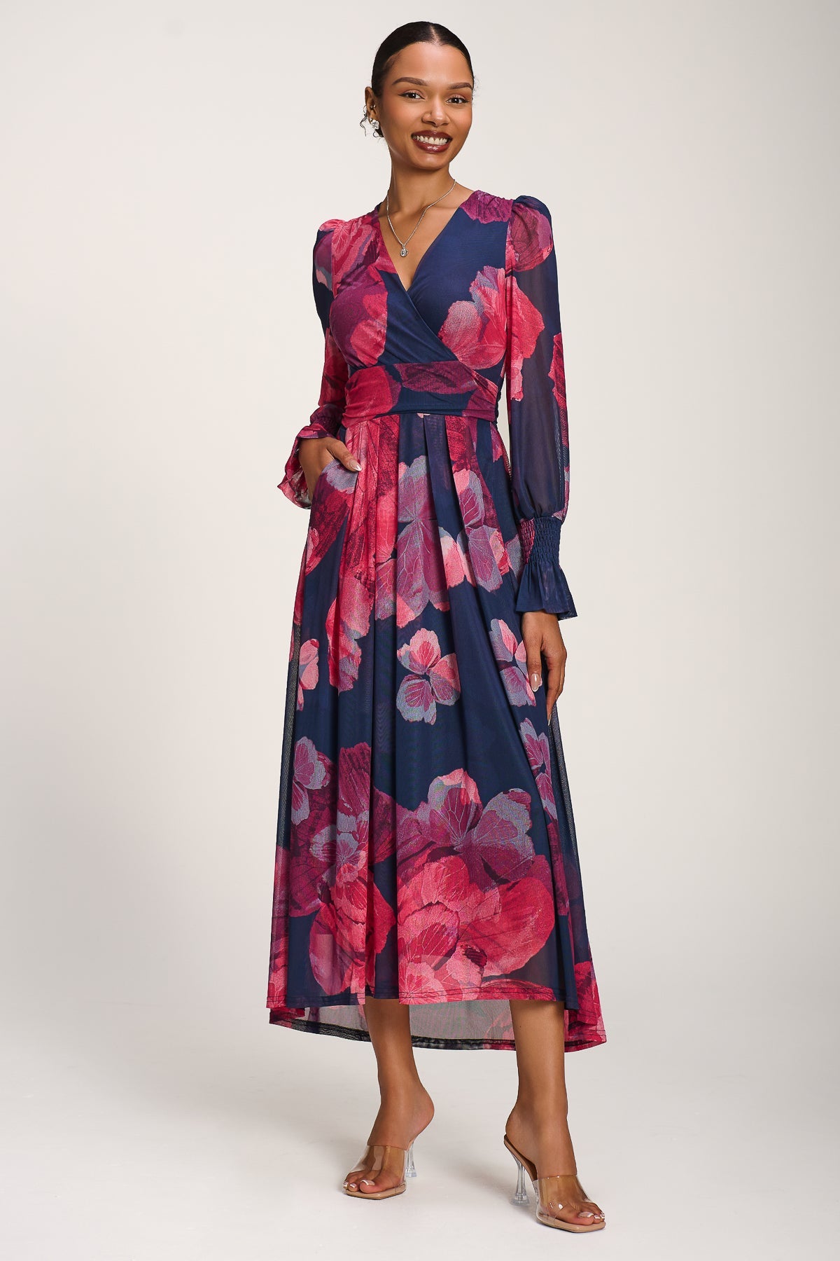 Long Sleeve V Neck Mesh Maxi Dress Fuchsia Floral Front View