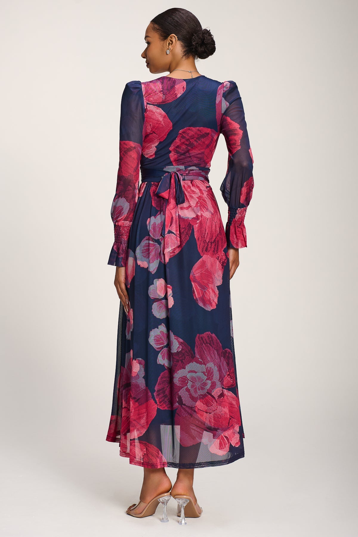 Long Sleeve V Neck Mesh Maxi Dress Fuchsia Floral Back View
