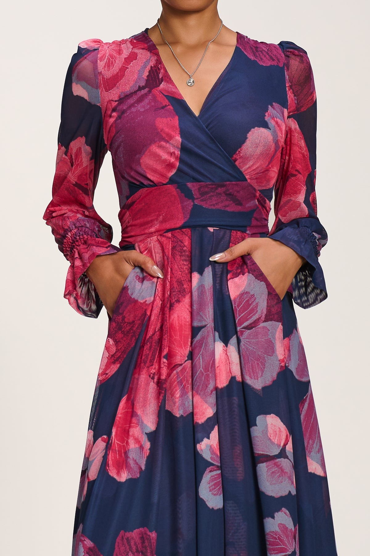 Long Sleeve V Neck Mesh Maxi Dress Fuchsia Floral Full Length View