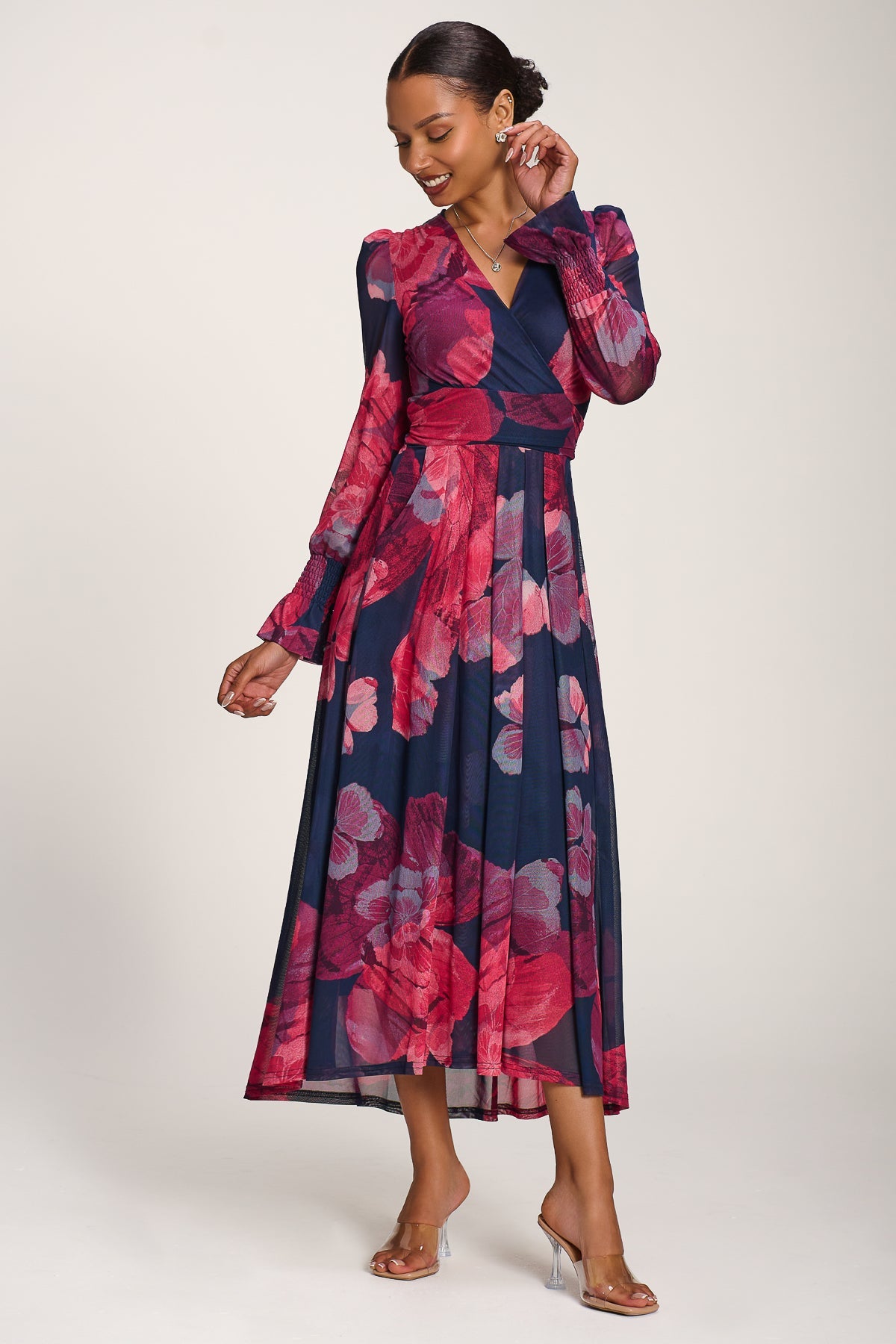 Long Sleeve V Neck Mesh Maxi Dress Fuchsia Floral Front View 2