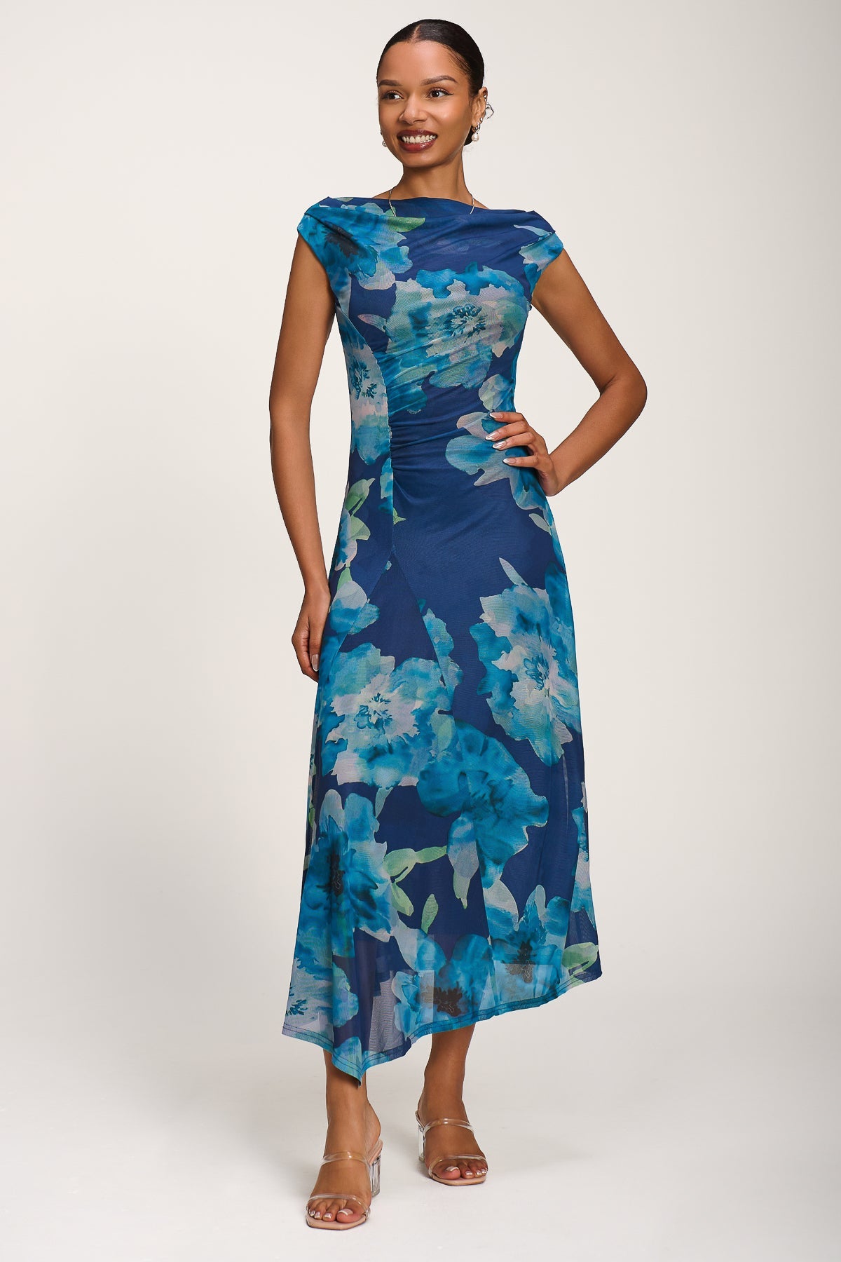 Asymmetric Draped Mesh Midaxi Dress BLUE FLORAL Styled View