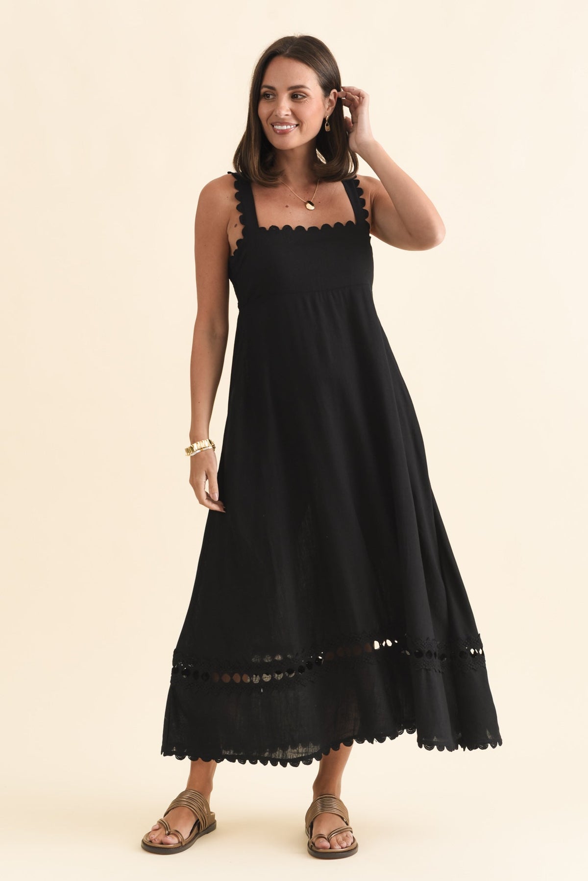 Falice Black Contrast Linen Blend Dress Full Length View