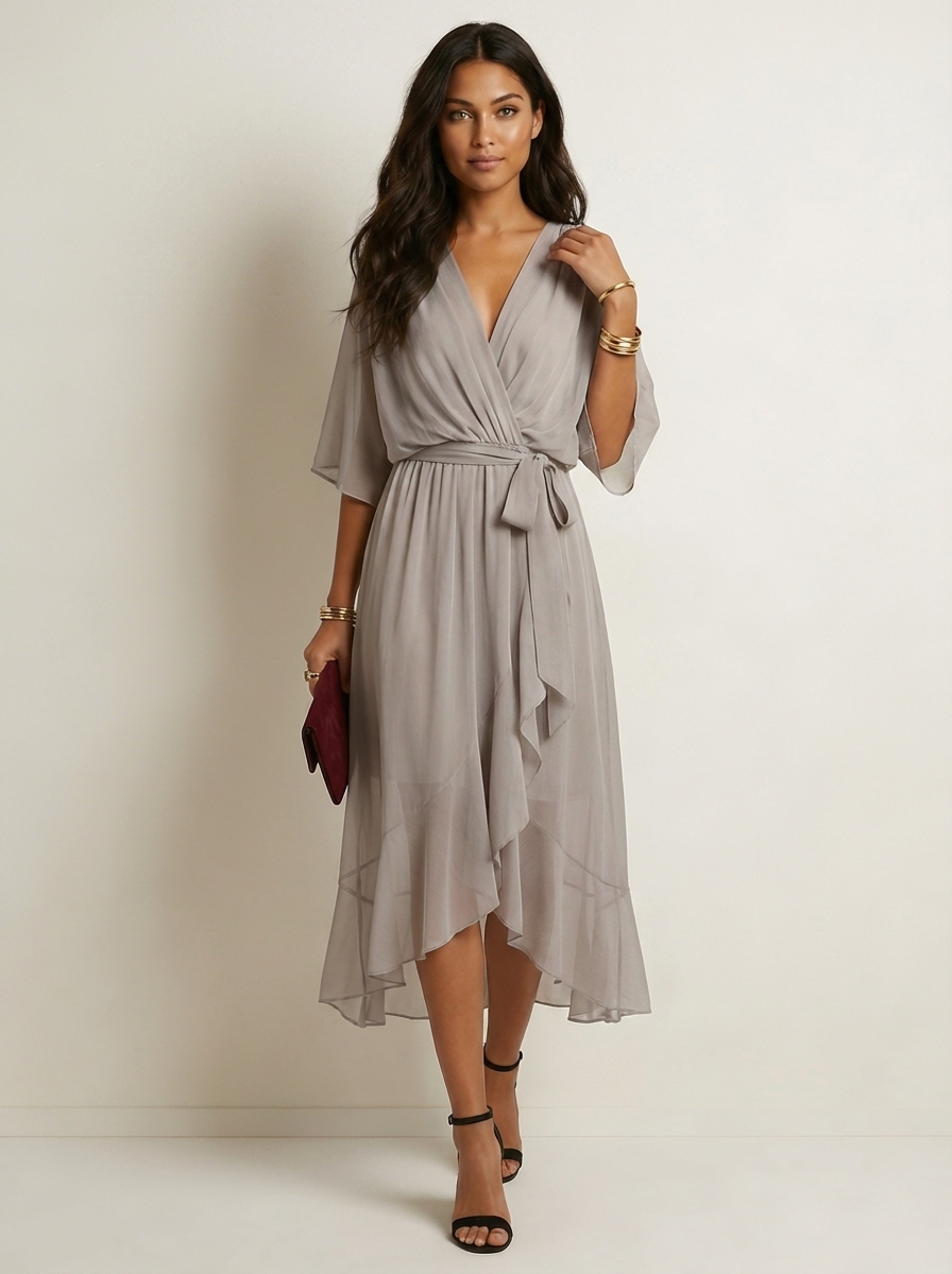 Flowy midi wikkeljurk met ceintuur - Elin Side View