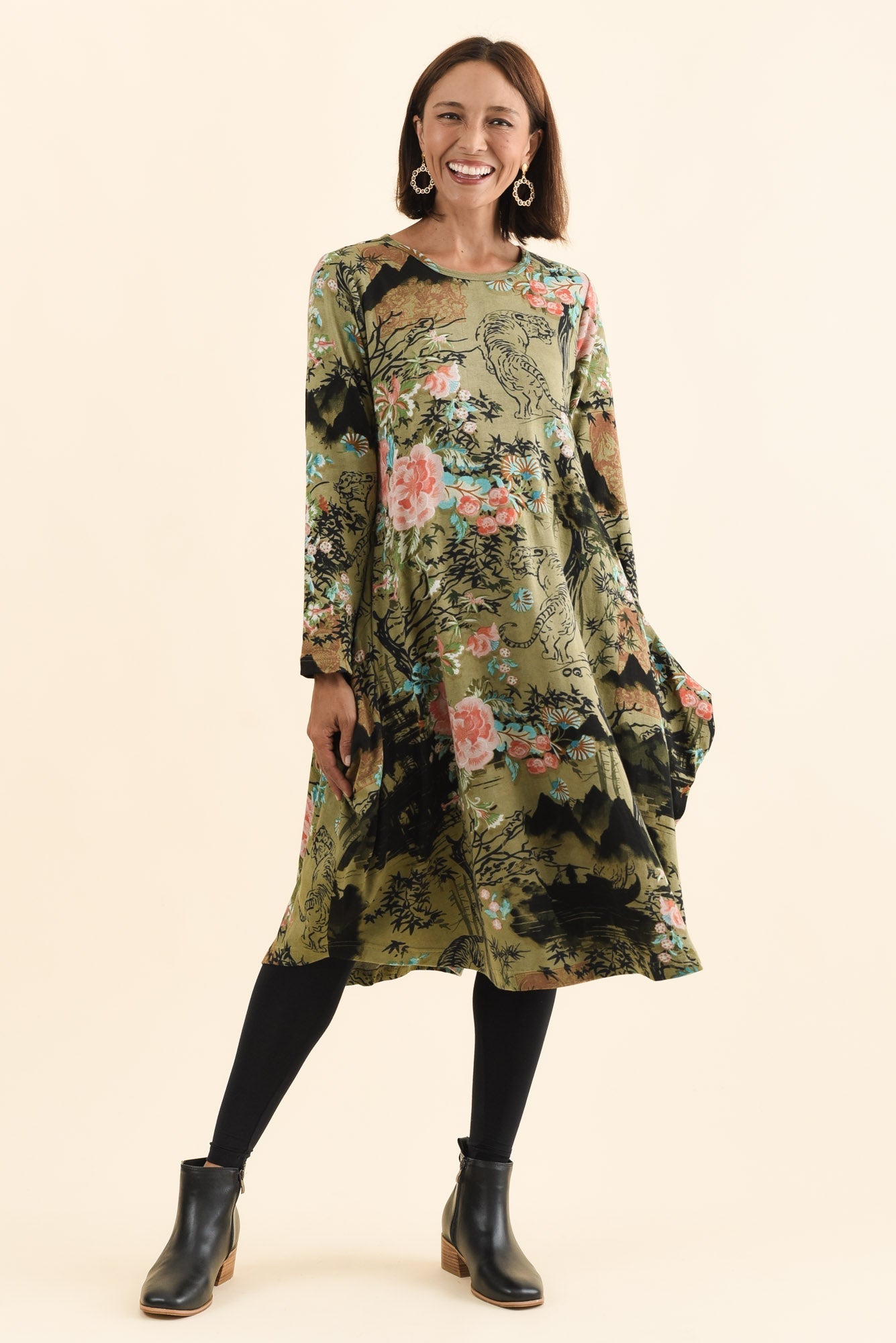 Fonte Olive Blossom Cotton Knit Dress Full Length View