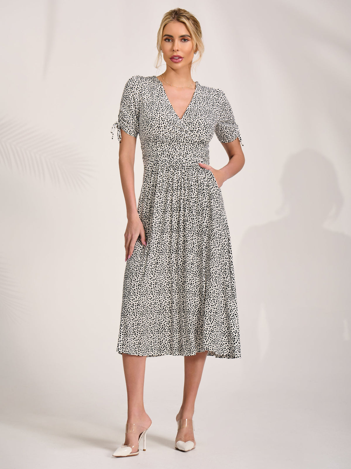 Jersey Tie Sleeve Wrap Front Midi Dress Full Length View