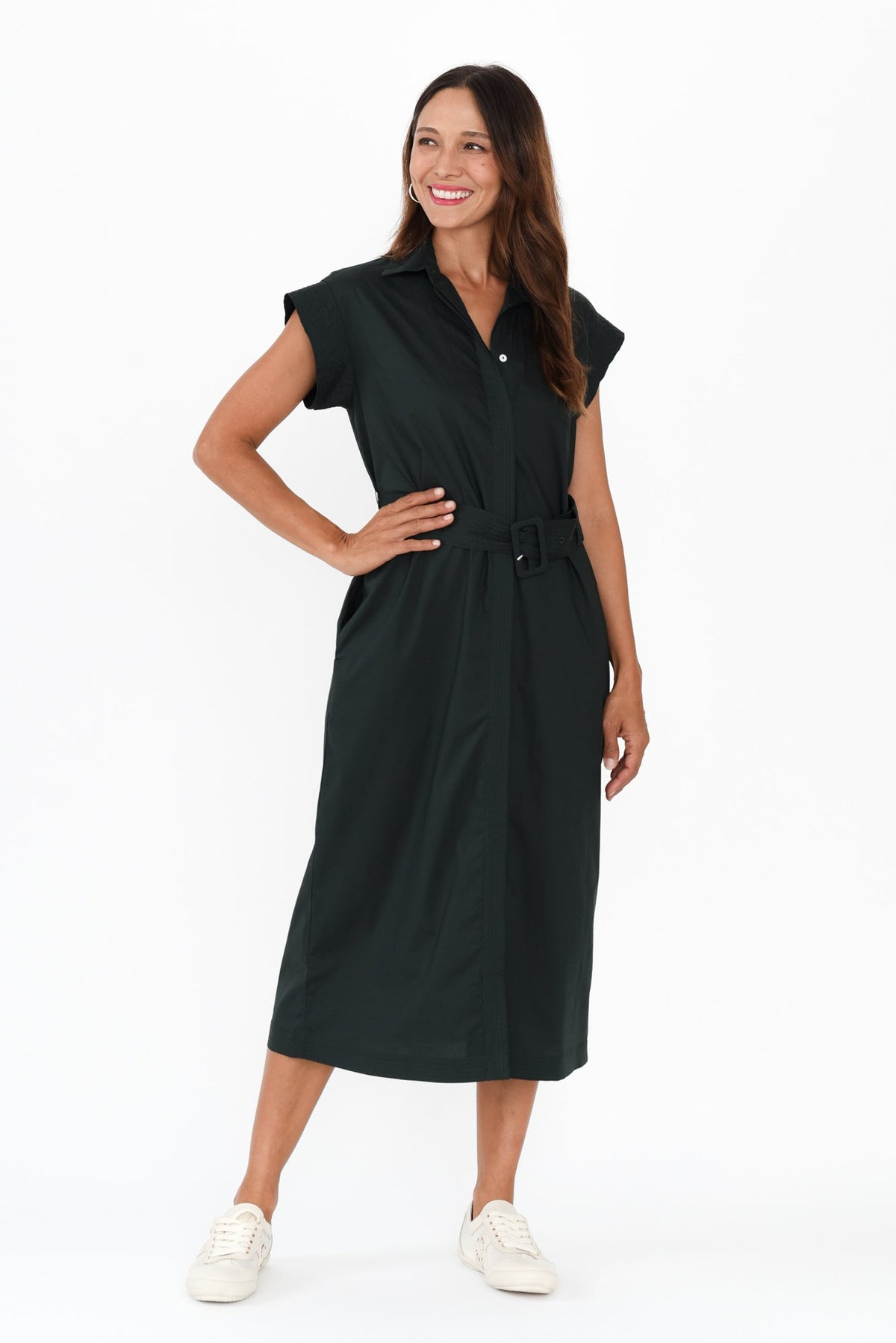 Gail Black Cotton Belted Dress Front View 2